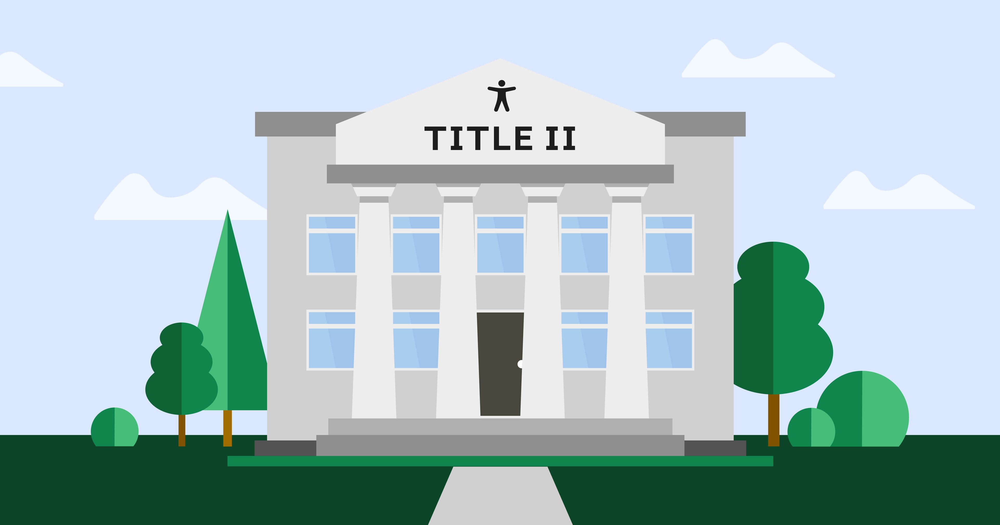 Government building surrounded by trees with 'Title II' on the rooftop against a blue sky.