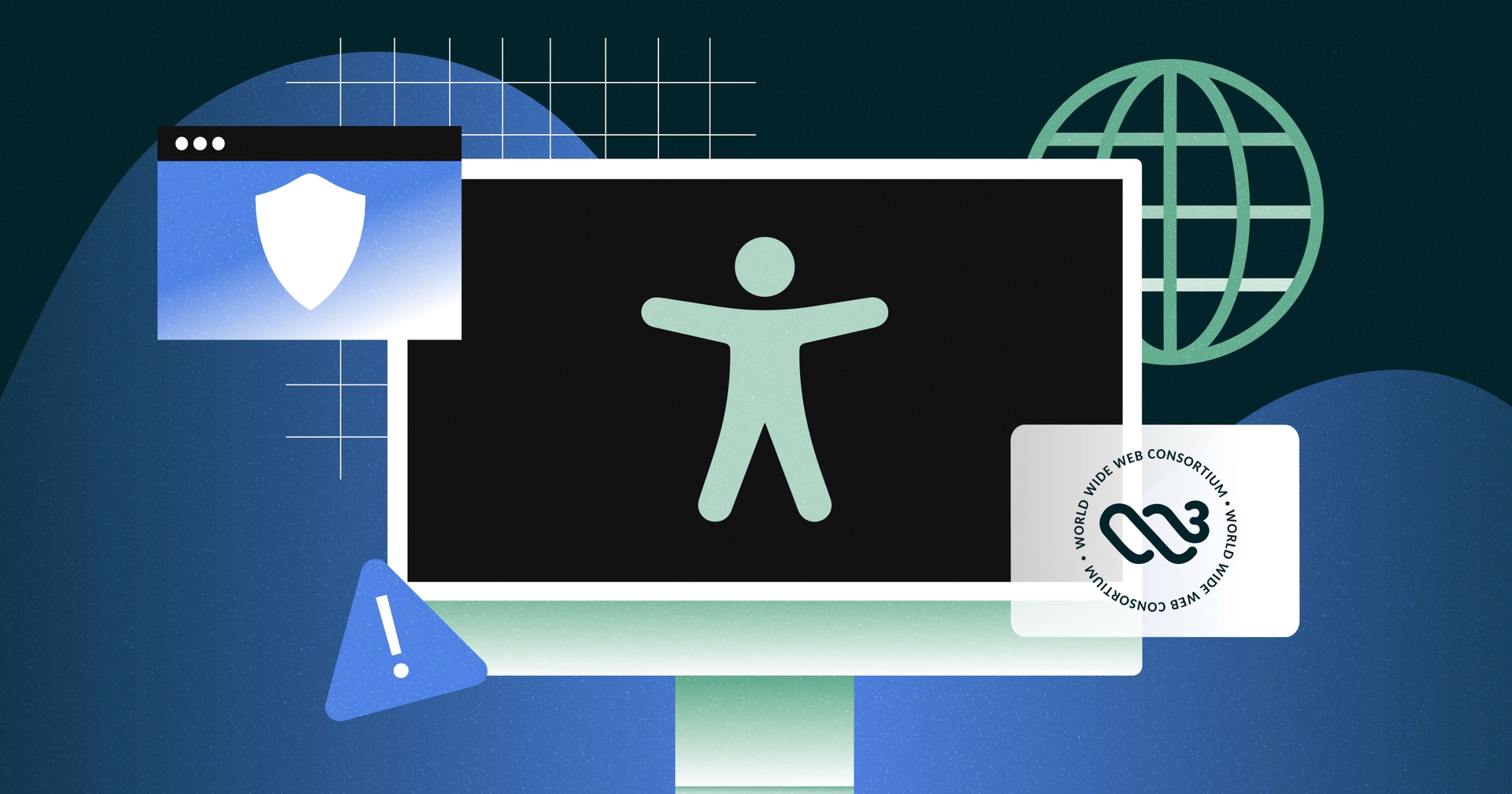 A monitor displaying an accessibility icon, surrounded by internet-themed graphics and security symbols.