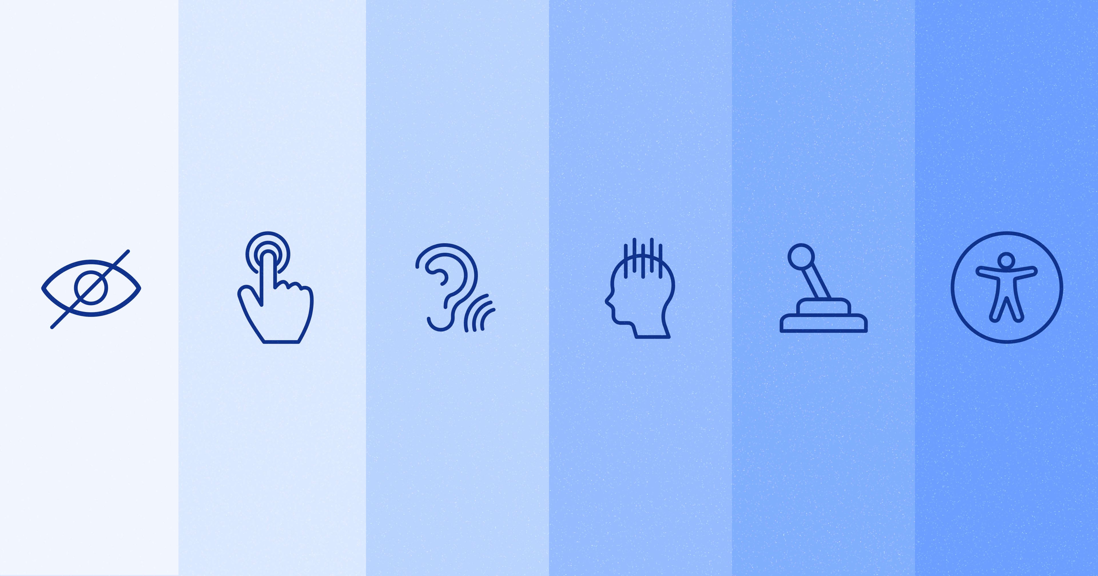 Blue gradient with various accessibility symbols on each panel.