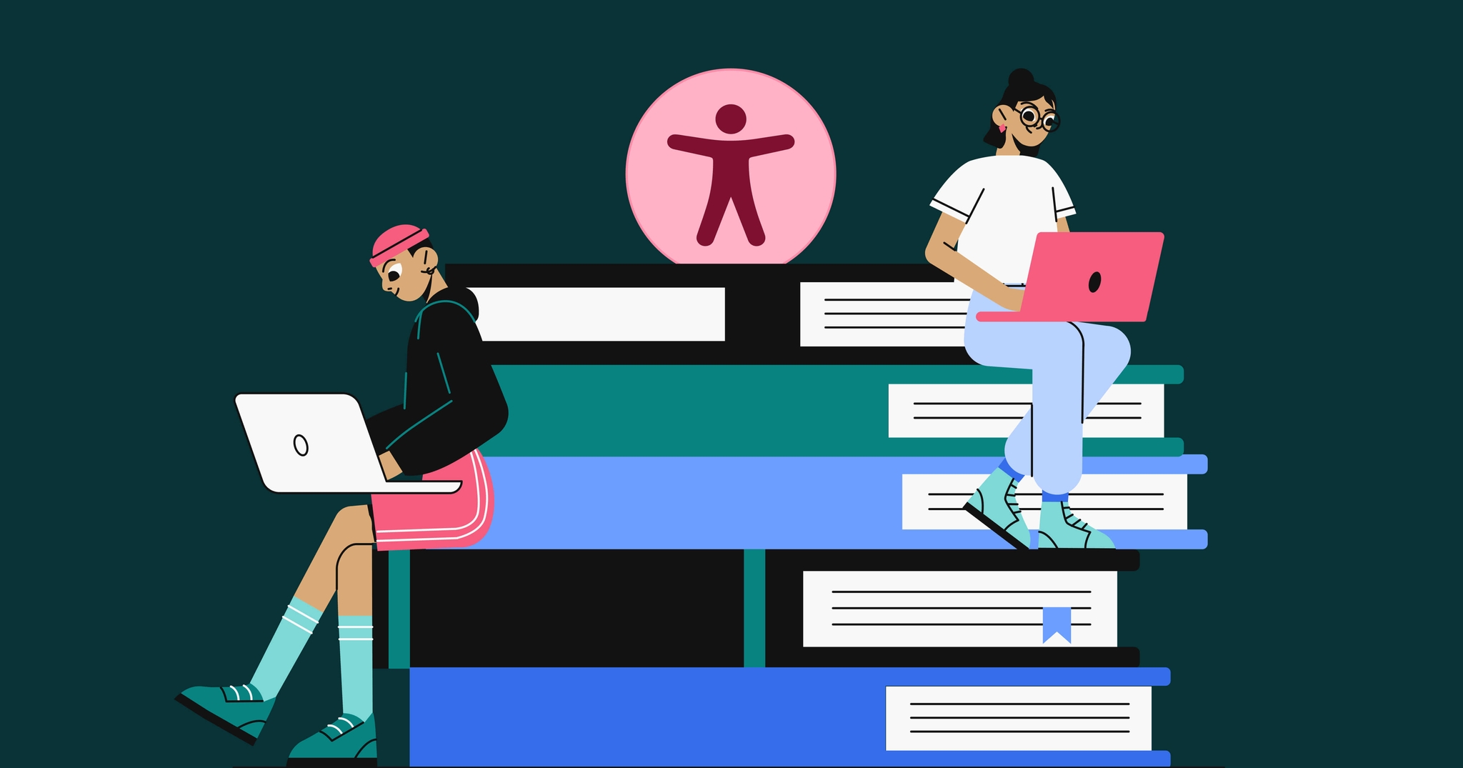 Stack of books with two students sitting on them holding open laptops; the accessibility symbol is on top of the stacked books.