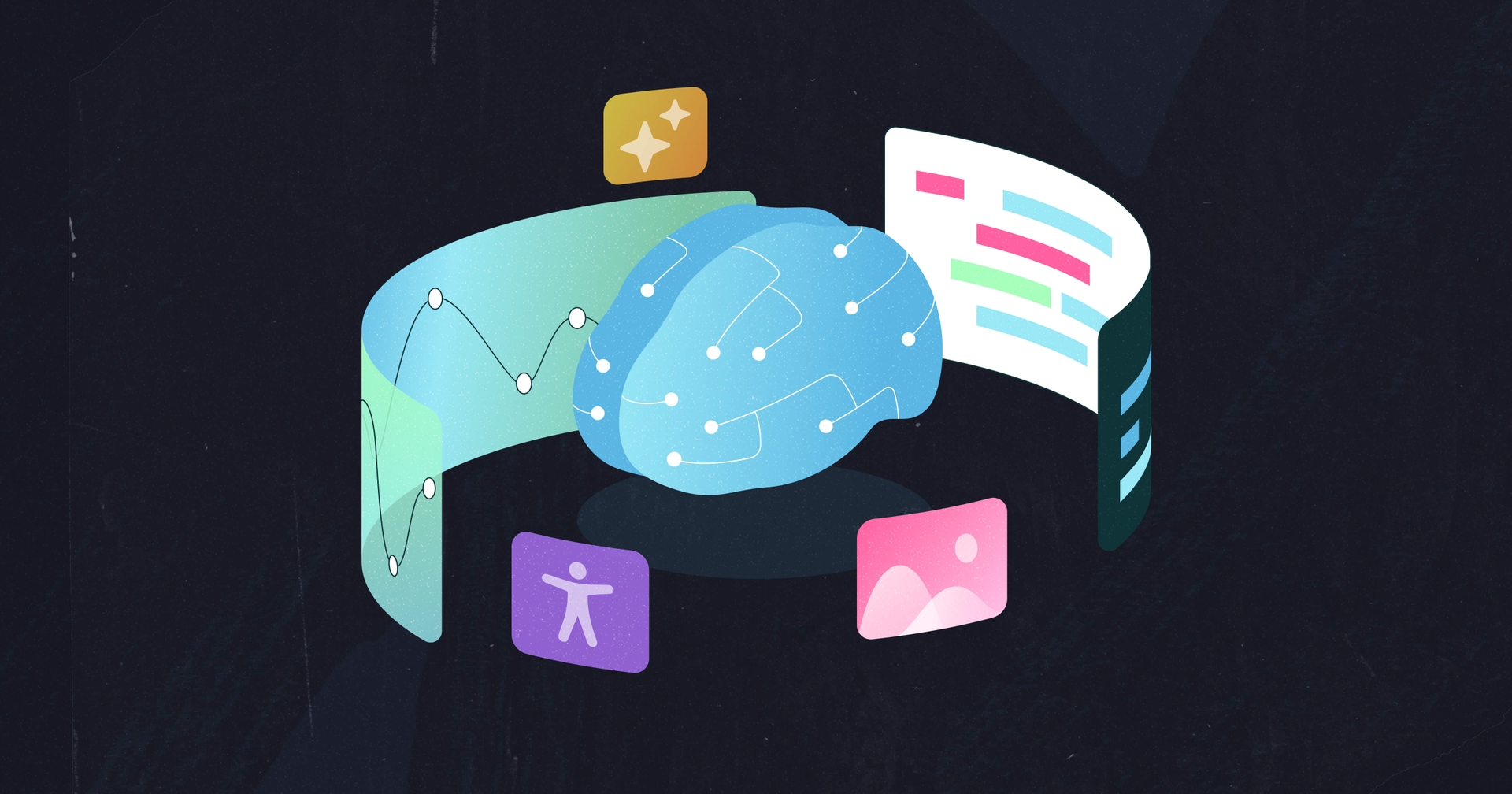 Digital brain surrounded by icons representing graphs, statistics, accessibility, and various design elements on a black background.