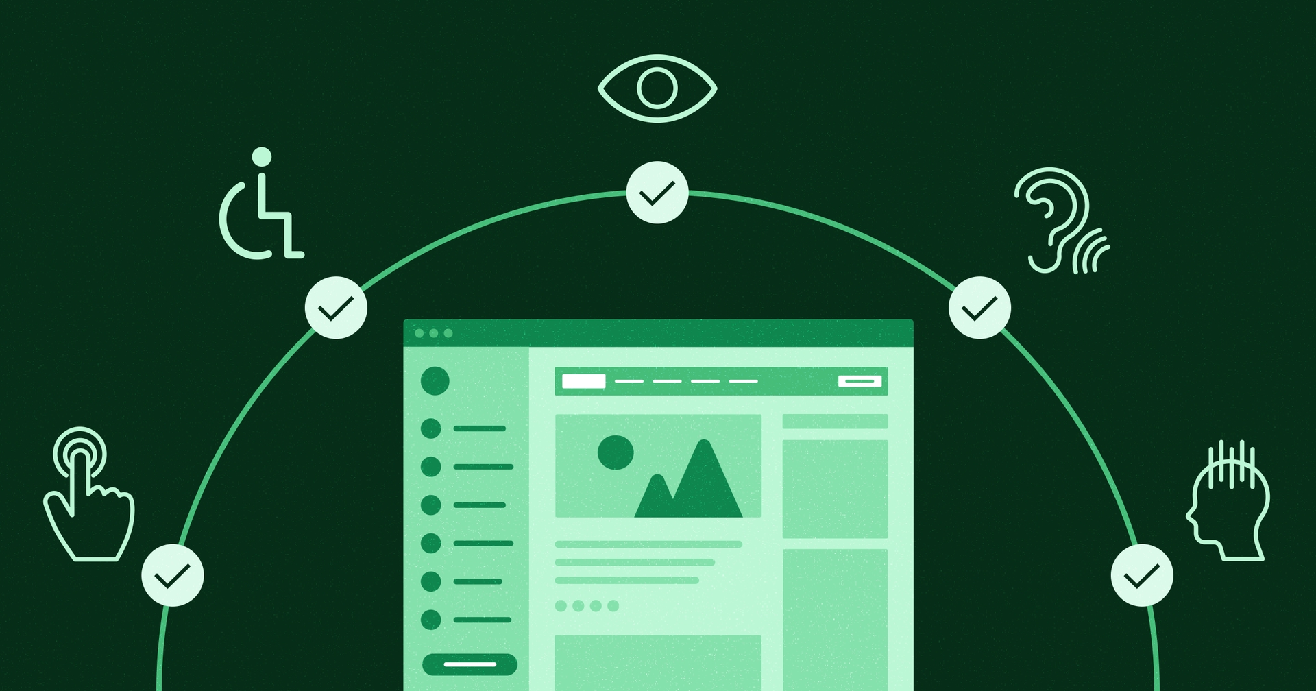 Stylized web browser underneath a curved line with various accessibility icons surrounding it.