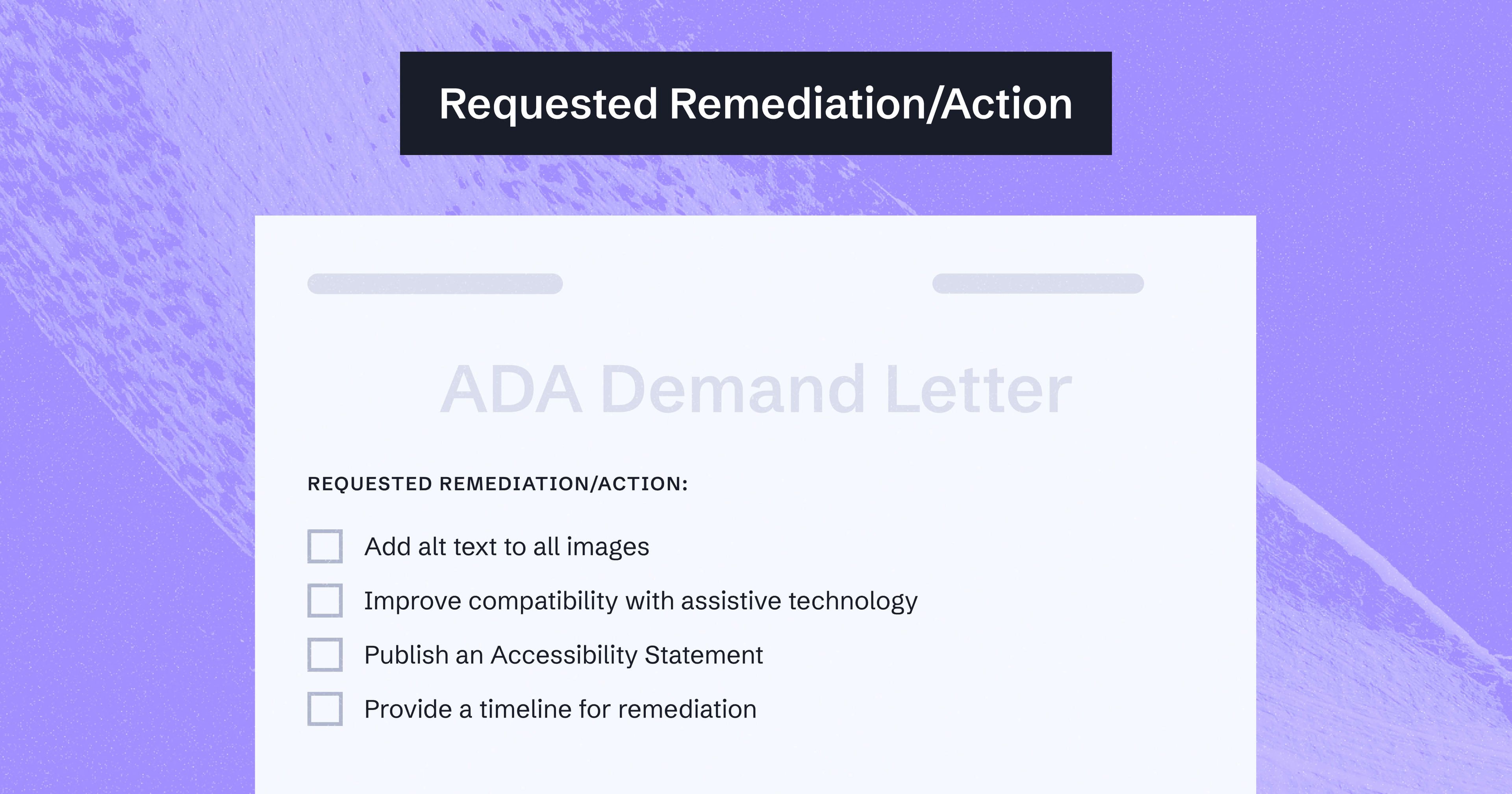 Text reading 'Requested Remediation/Action' over an ADA Demand Letter listing out required steps for remediation.