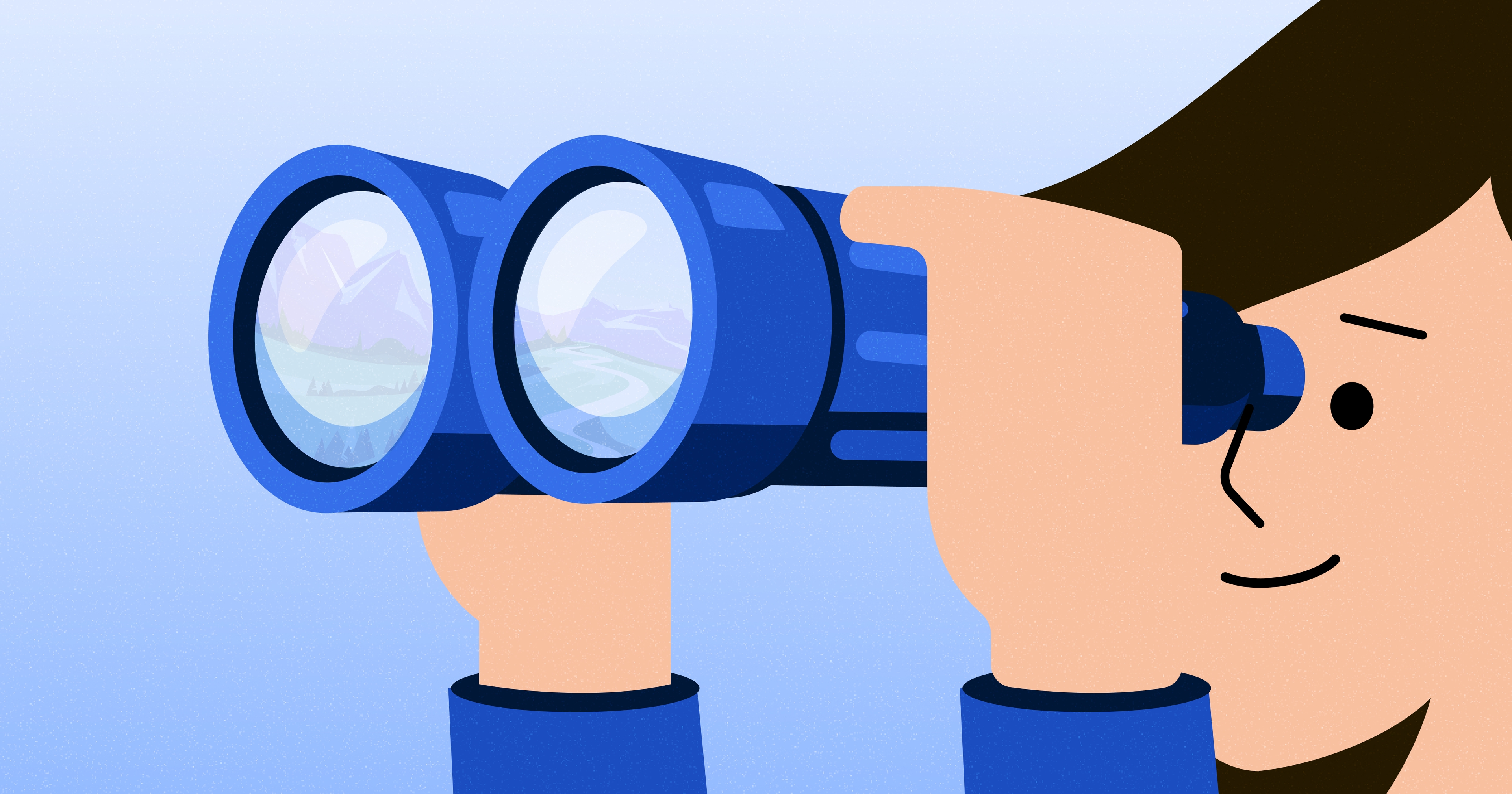Illustration of a person looking through binoculars, with mountains and a landscape reflected in the lenses, against a light blue background.