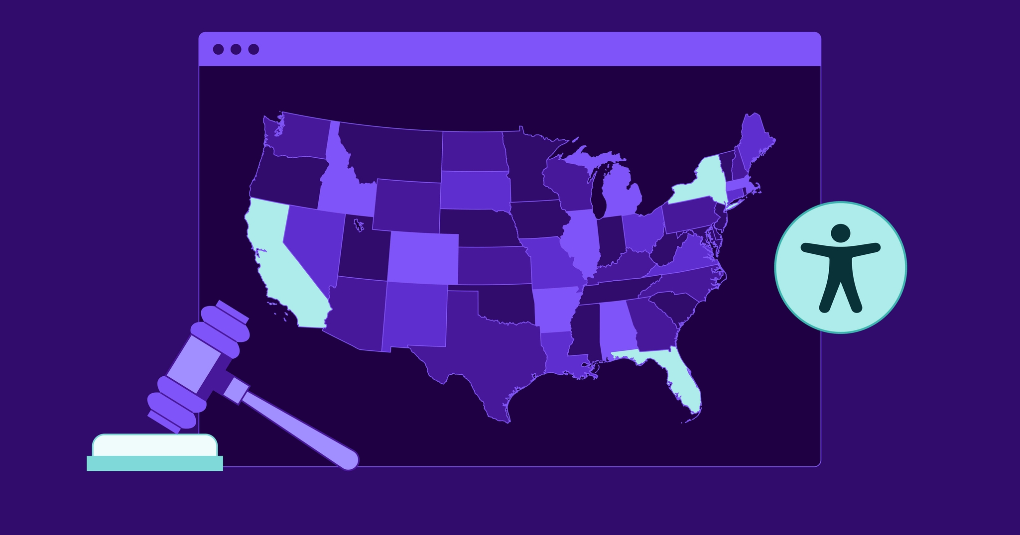 Computer screen showing a map of the United States; a gavel resting on a sounding block is on the left and the accessibility symbol is on the right.