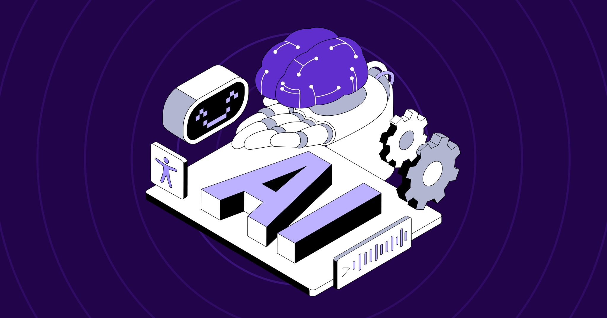 A robotic hand holding a purple brain surrounded by gears. A platform labeled "AI" with the accessibility symbol and a computer screen with a smiley face is underneath the robotic hand.