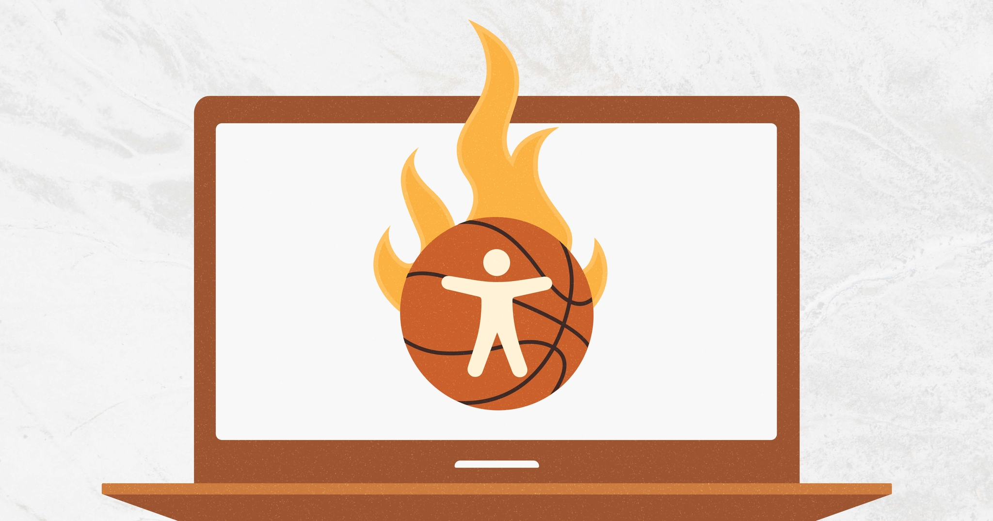 A basketball icon with an accessibility symbol and flames is displayed on a laptop screen.