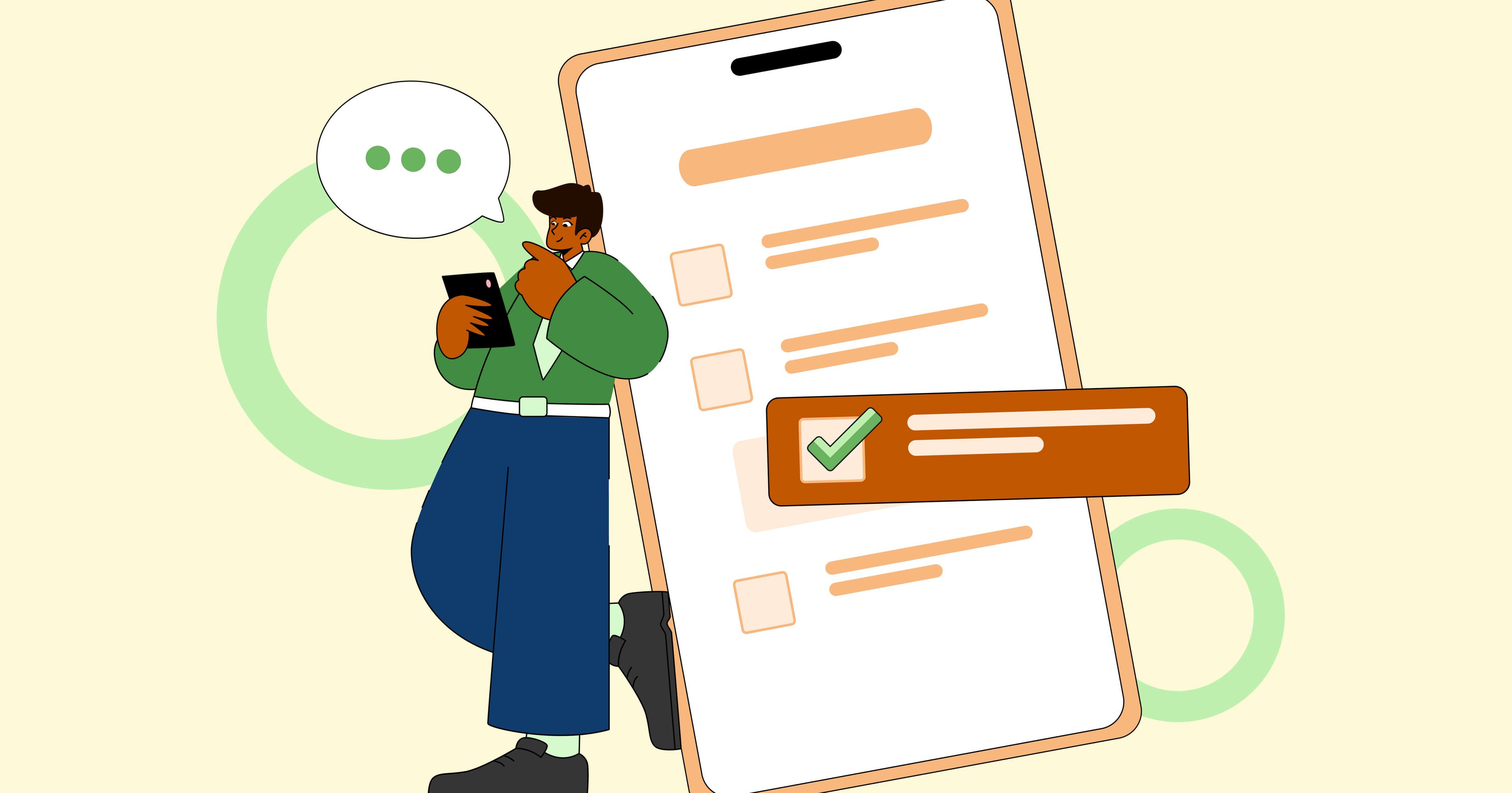 Stylized checklist with a man leaning against it, a hand to his chin. A thought bubble is above his head.