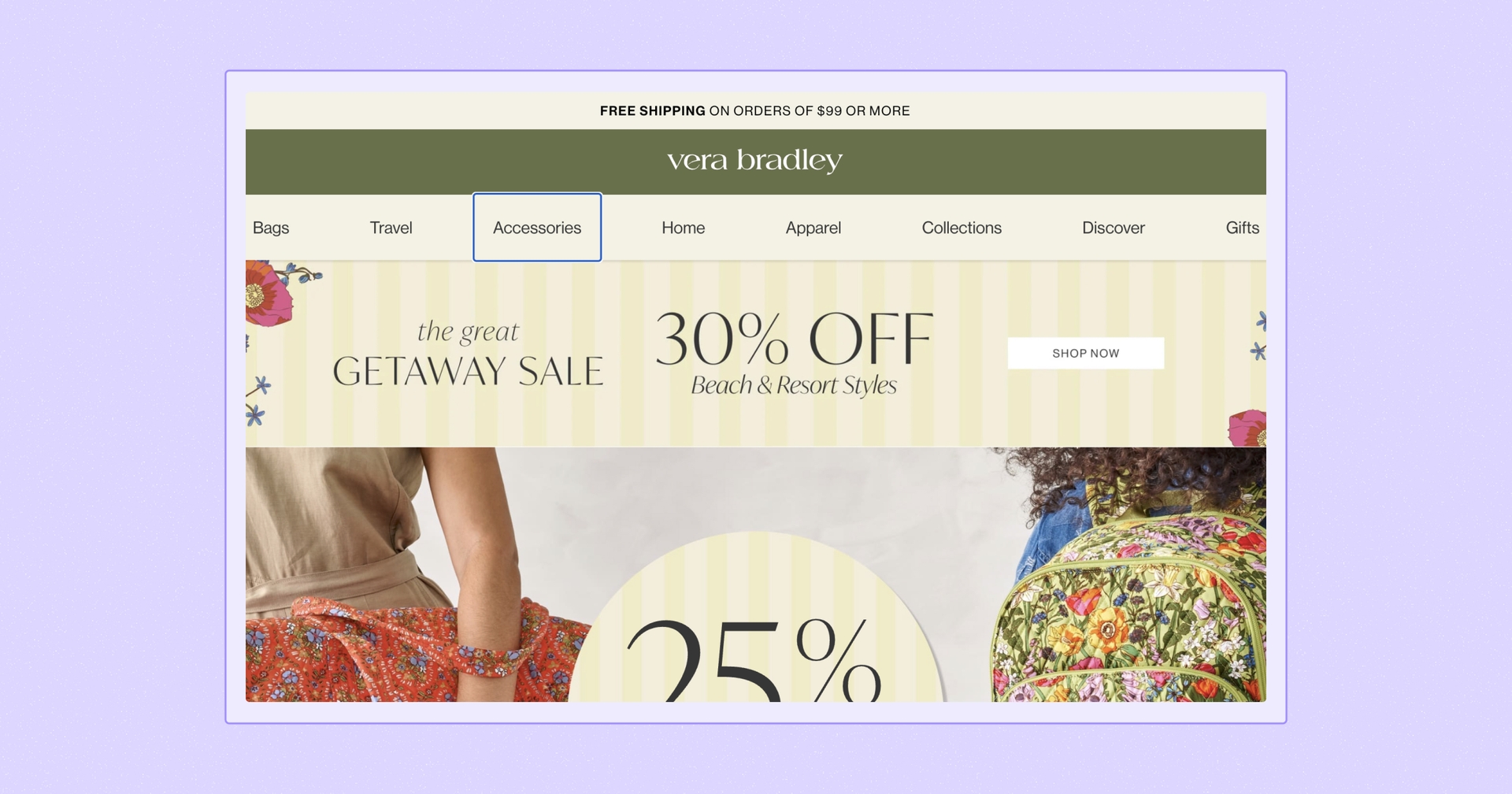 Screenshot of Vera Bradley's homepage with a keyboard focus indicator activated in the main navigation.