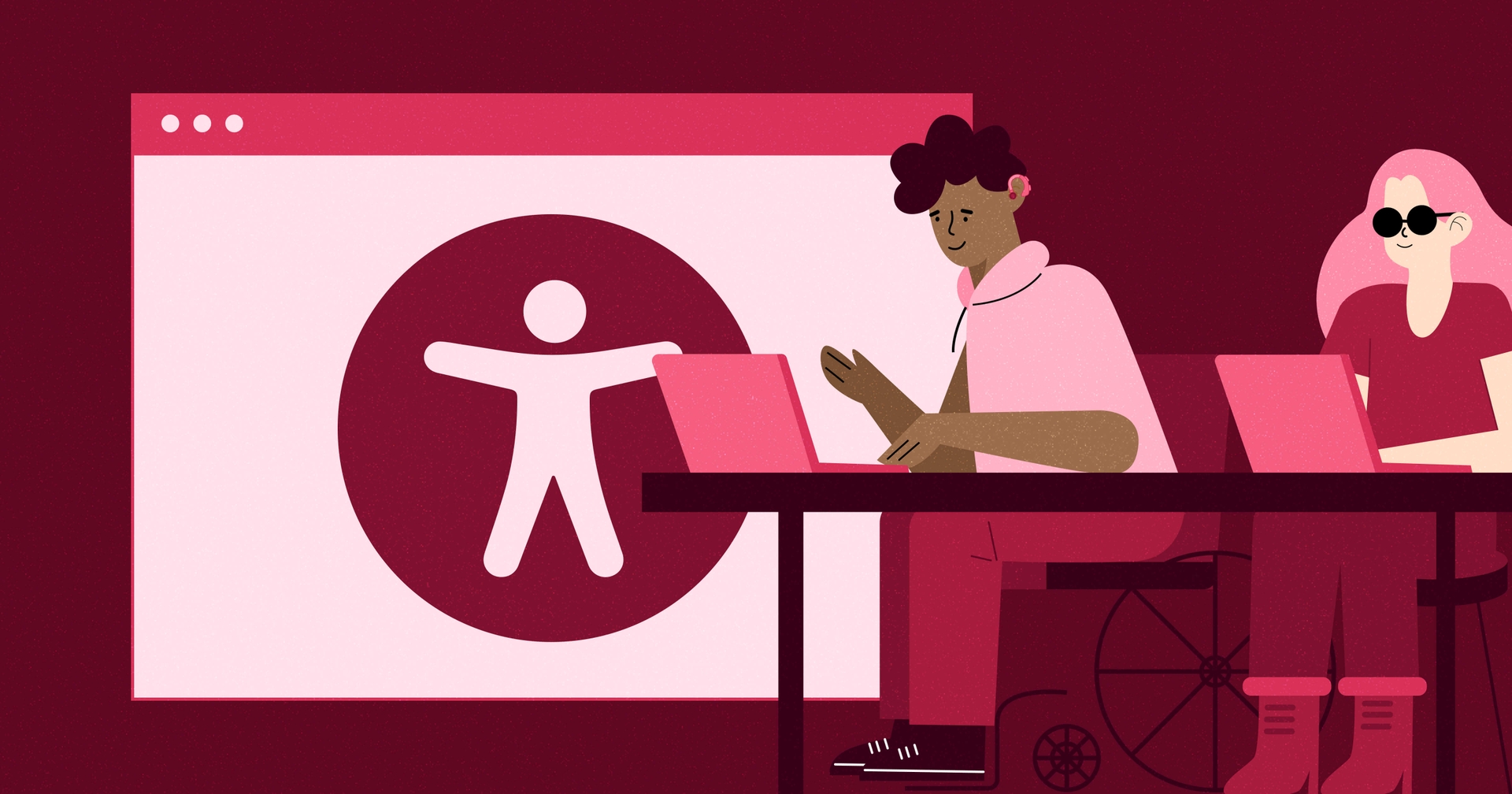 Two people sitting at a desk in front of laptops; one is a woman wearing sunglasses the other is a black man wearing a hearing aid. A web browser with the accessibility symbol is behind them.