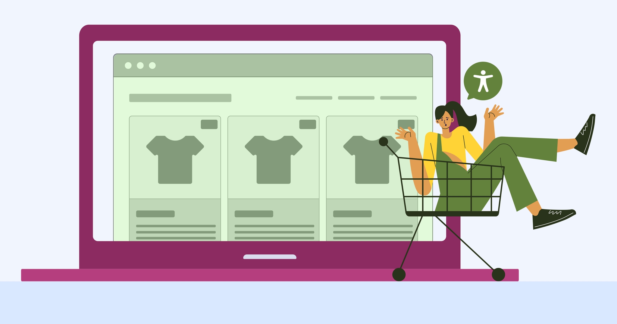 Open laptop with a stylized web browser; a woman sitting in a shopping cart with a talk bubble showing the accessibility symbol is next to the laptop.
