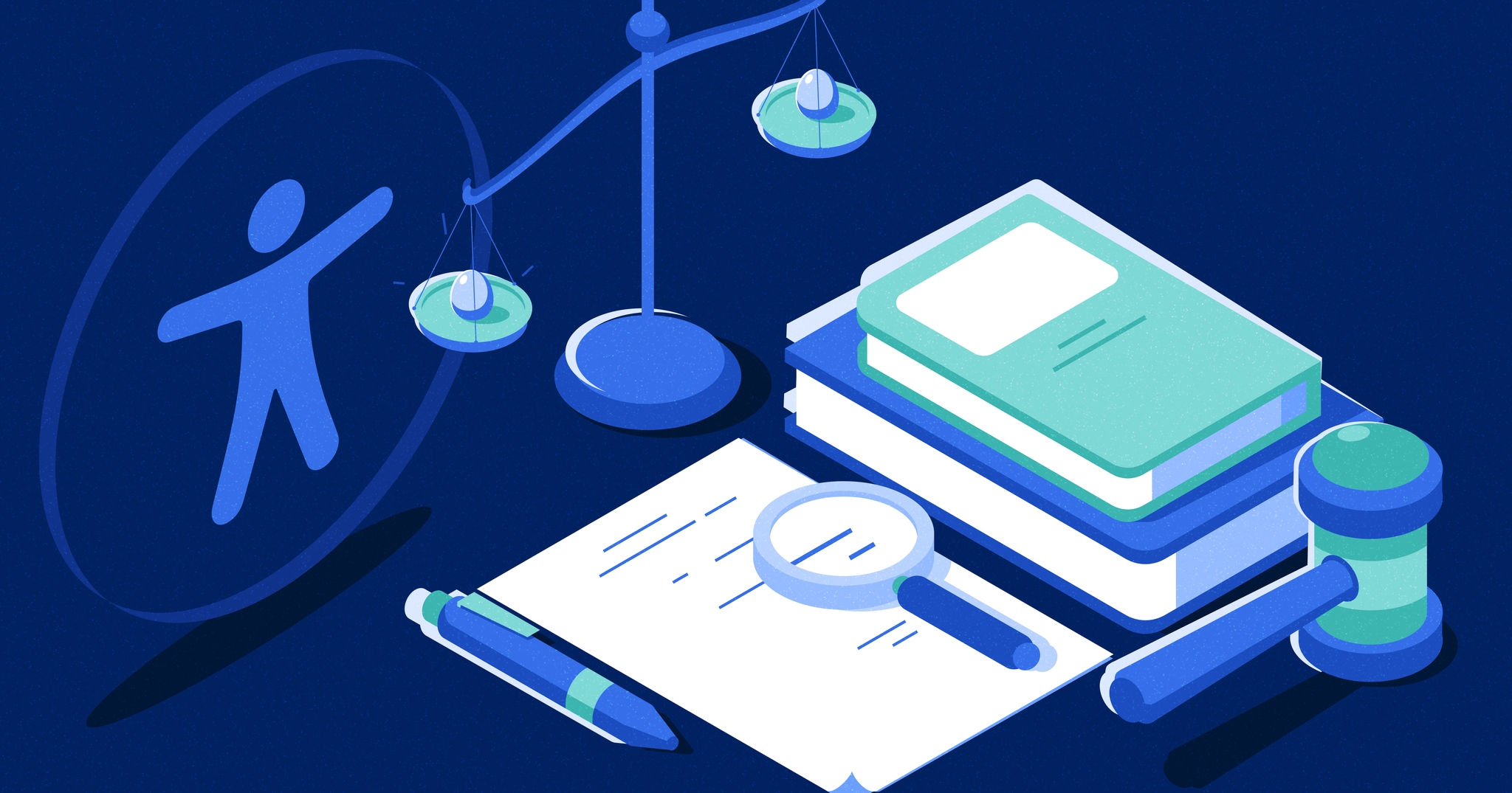 A stack of books is lying next to a paper with a magnifying glass over it and a balanced scale next to the accessibility symbol is sitting just above the stack.