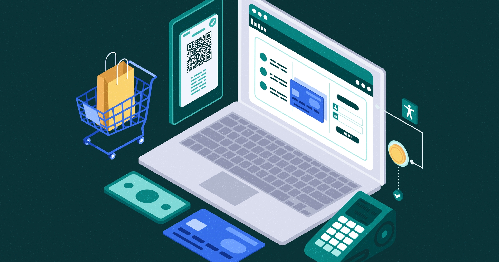 Isometric illustration of online shopping with a laptop, shopping cart, credit card, smartphone, and payment terminal.