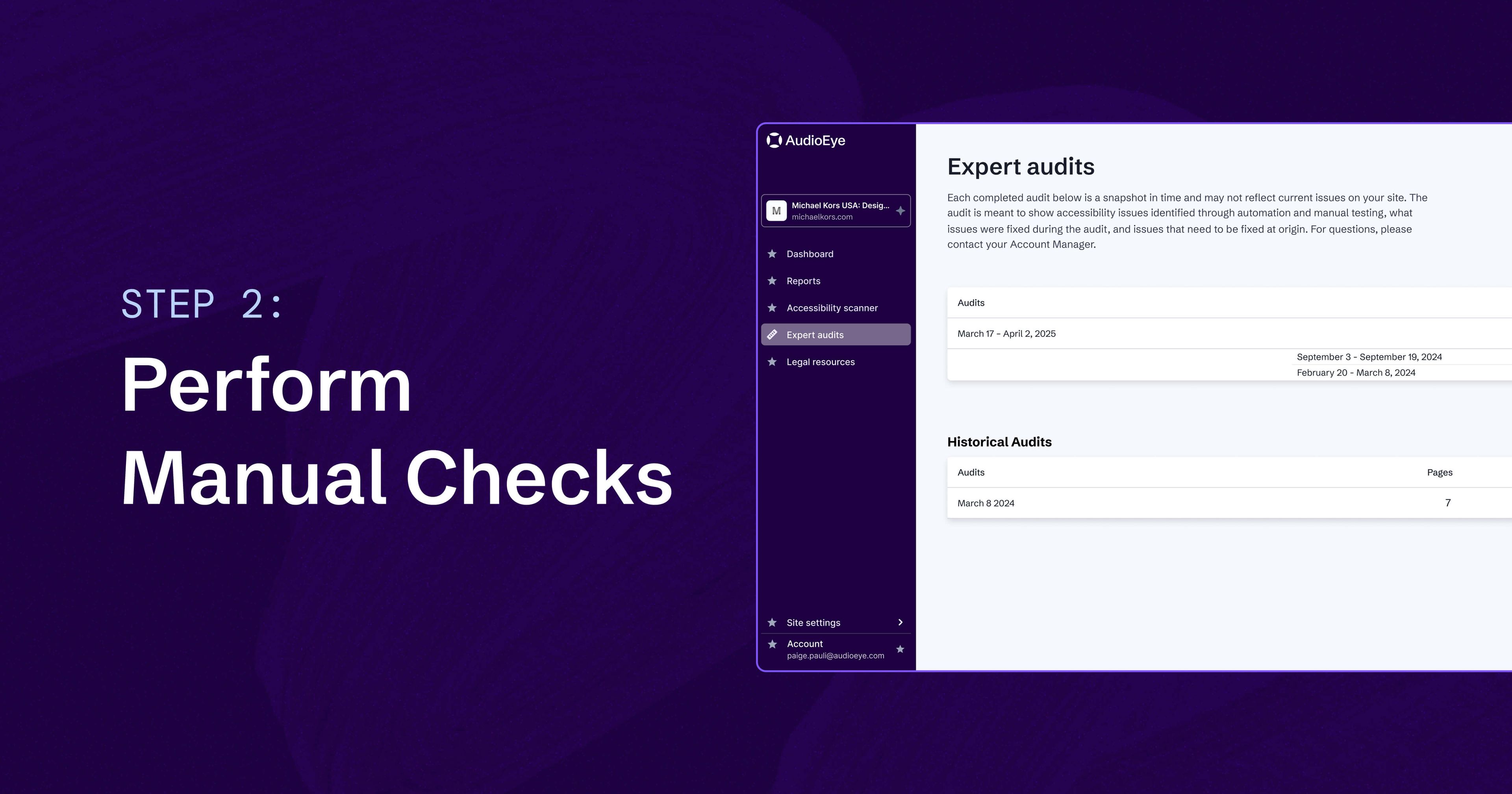 Screenshot of AudioEye's Expert Audit results page next to text that reads: 'Step 2: Perform Manual Checks.'