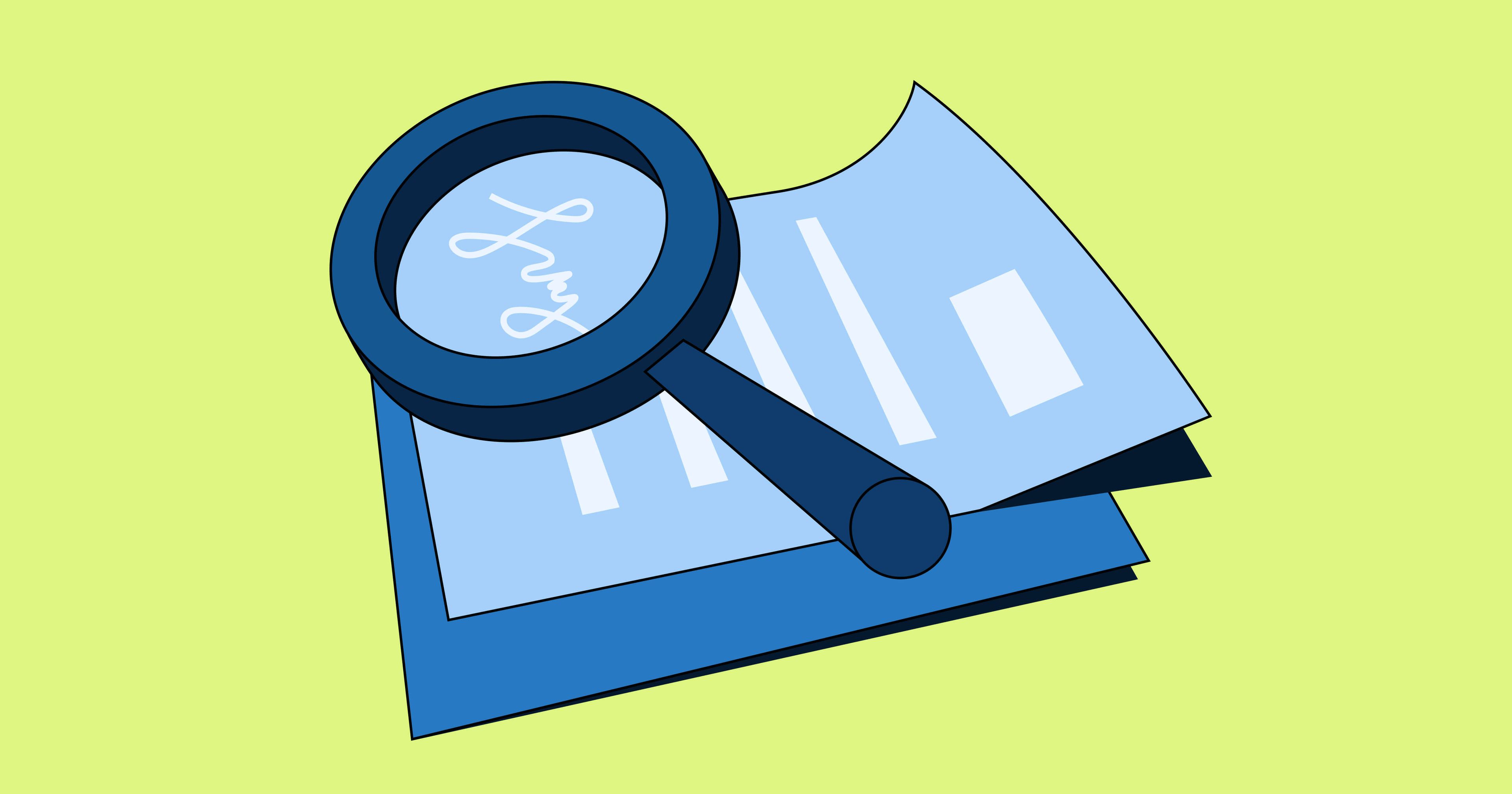 Magnifying glass over a stylized document against a light green background.