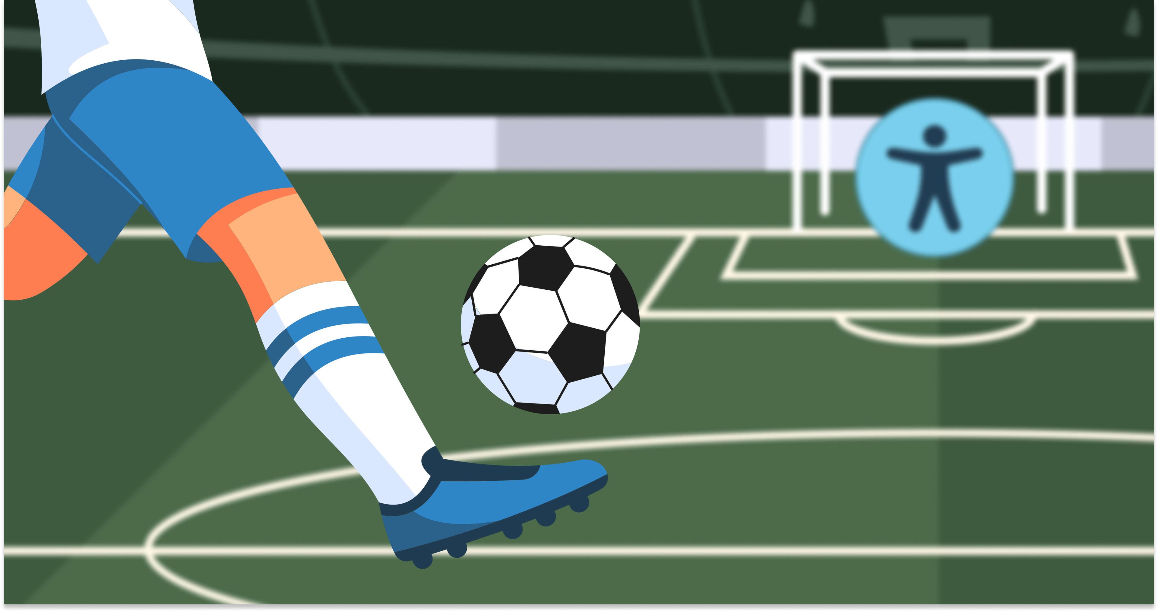 Illustration of a soccer player kicking a ball toward a goal, with a symbol of accessibility inside the goal area.