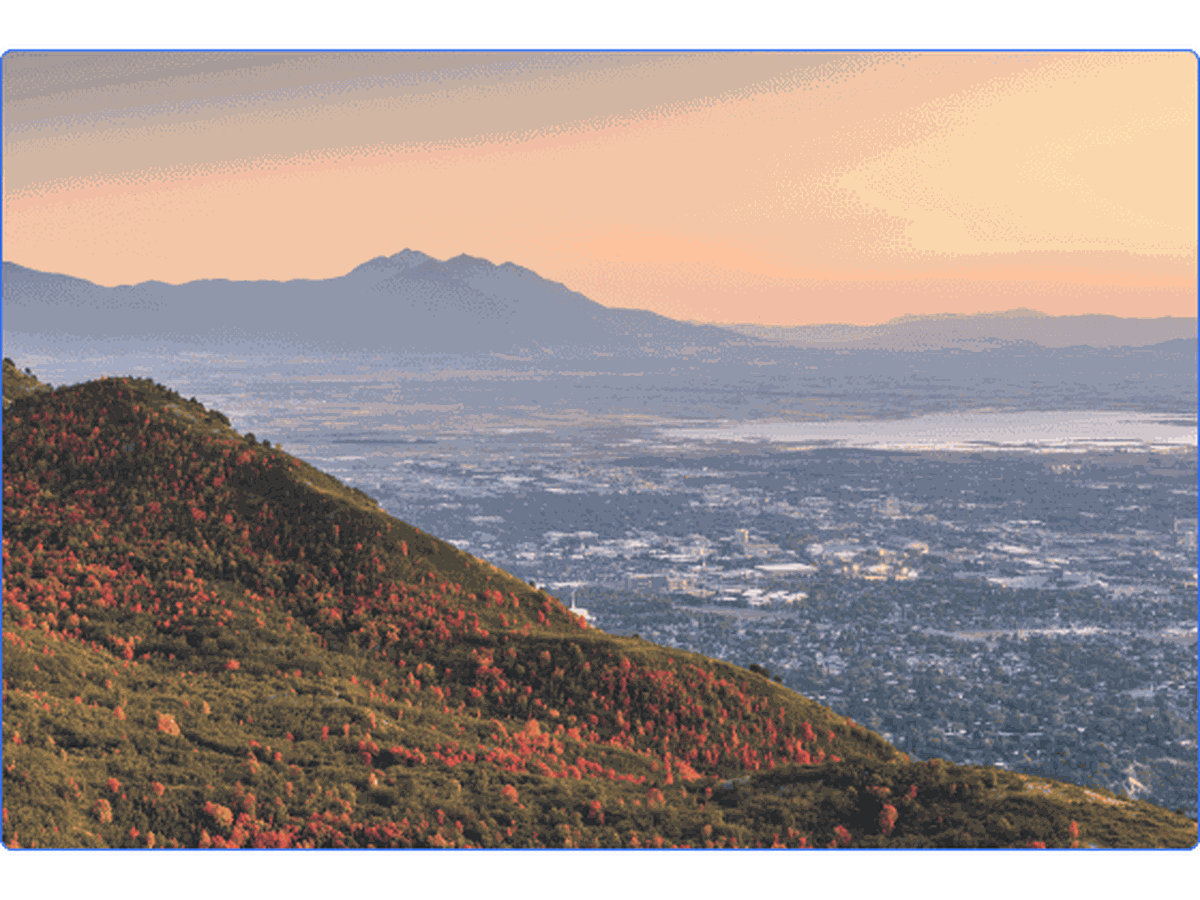 A panoramic view of the Utah Valley at sunset.