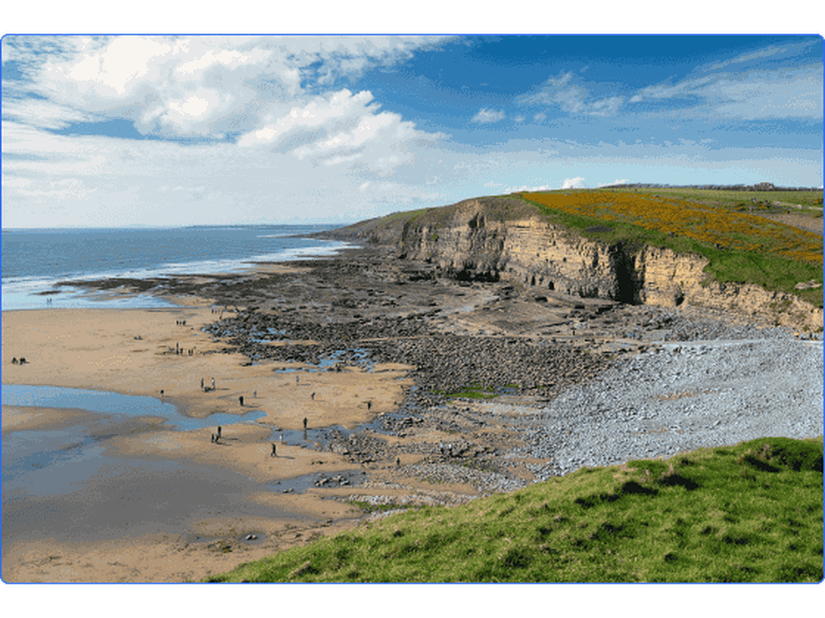 Panoramic view of Dunraven Bay and beach in Wales.