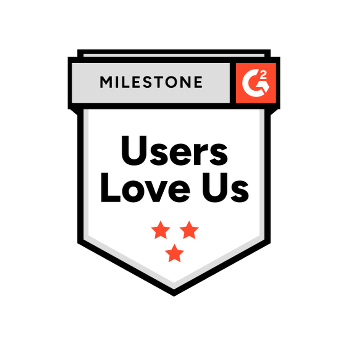 Badge with "Milestone" and "G2" at the top, text "Users Love Us" in the center, and three red stars below on a white background.