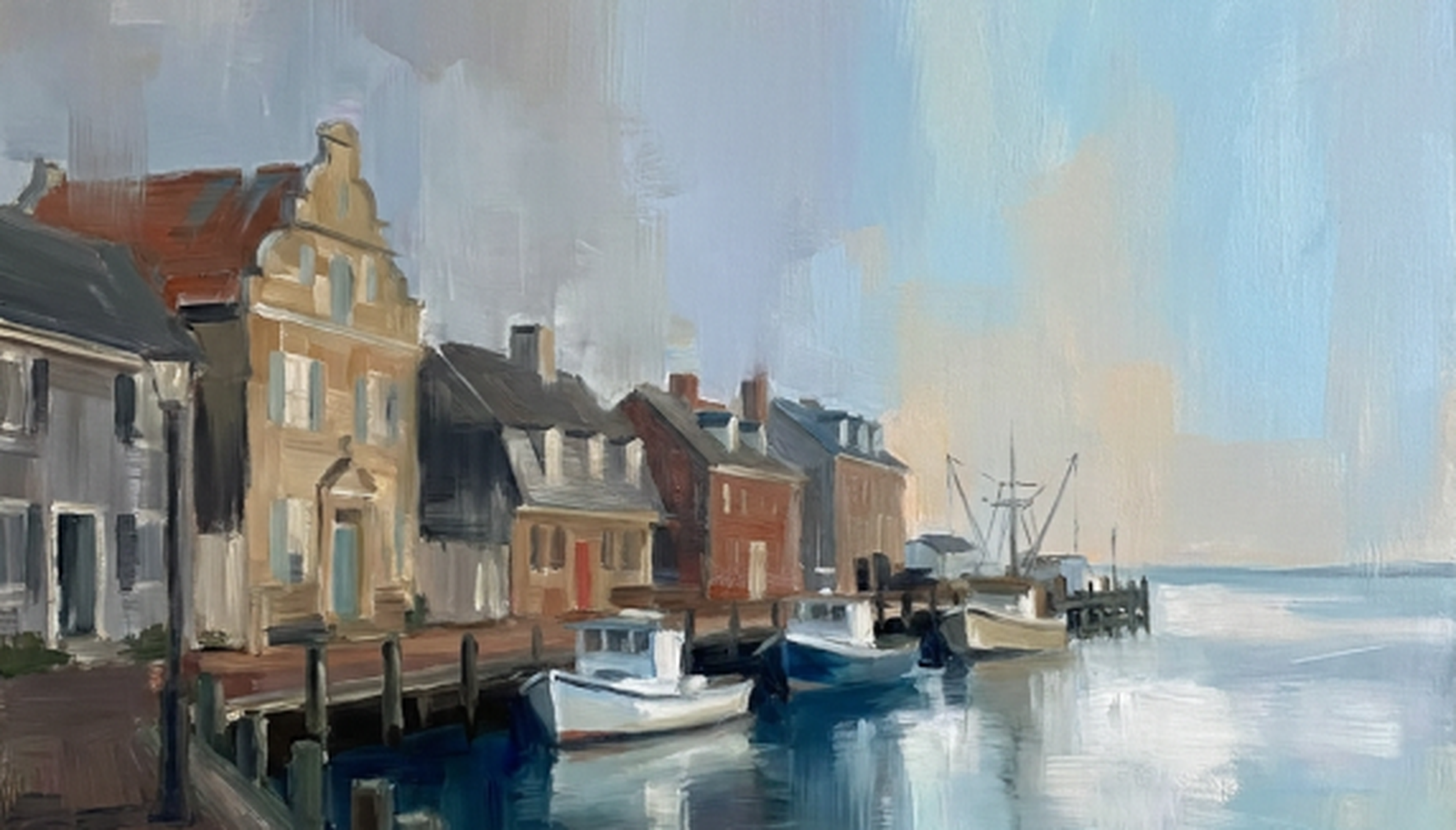 A serene harbor scene with boats docked along an old town quay, featuring classic European-style buildings under a soft, cloudy sky.