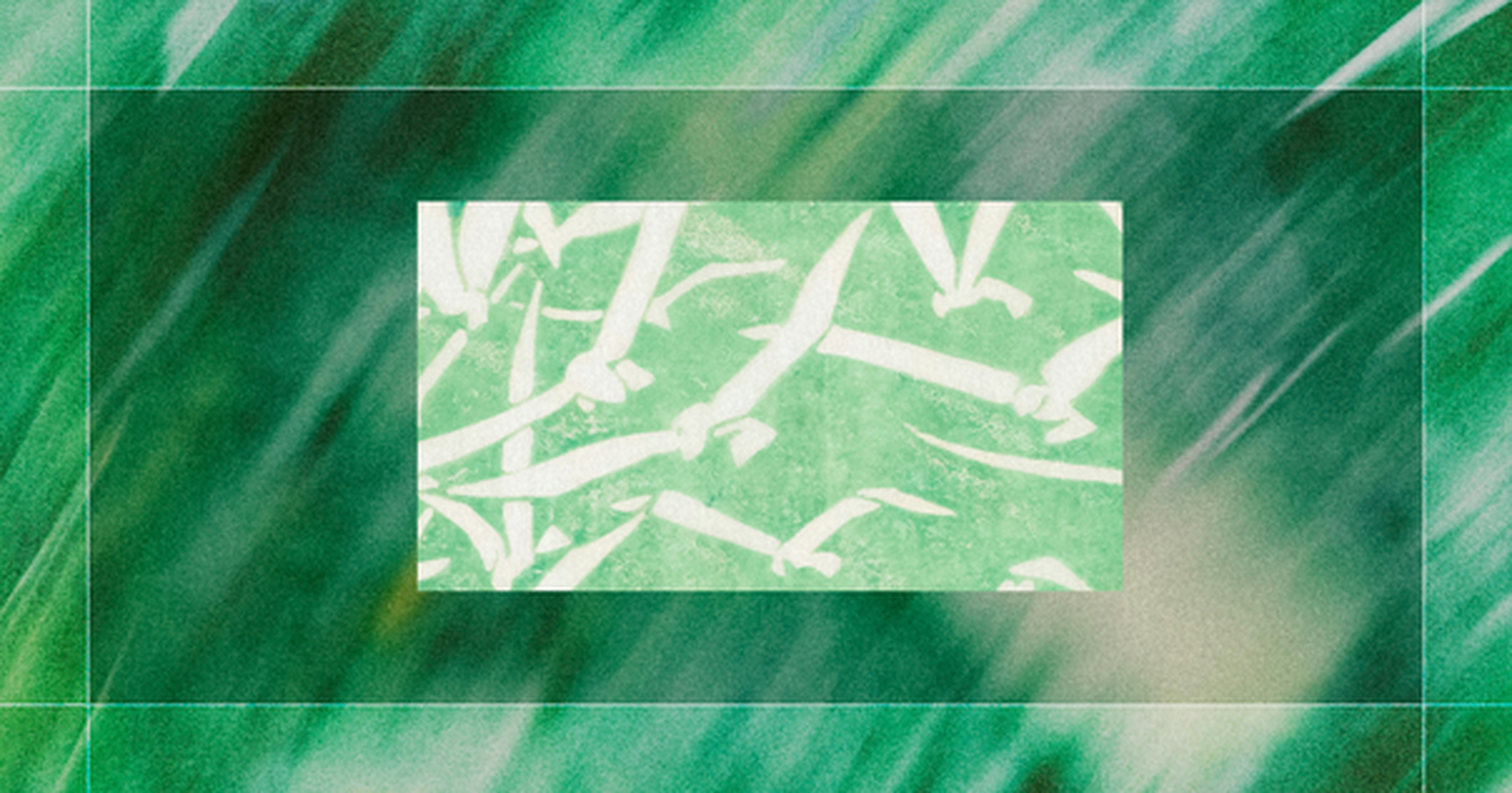 Abstract image with white bird silhouettes on a green background, surrounded by a blurred green and white border.