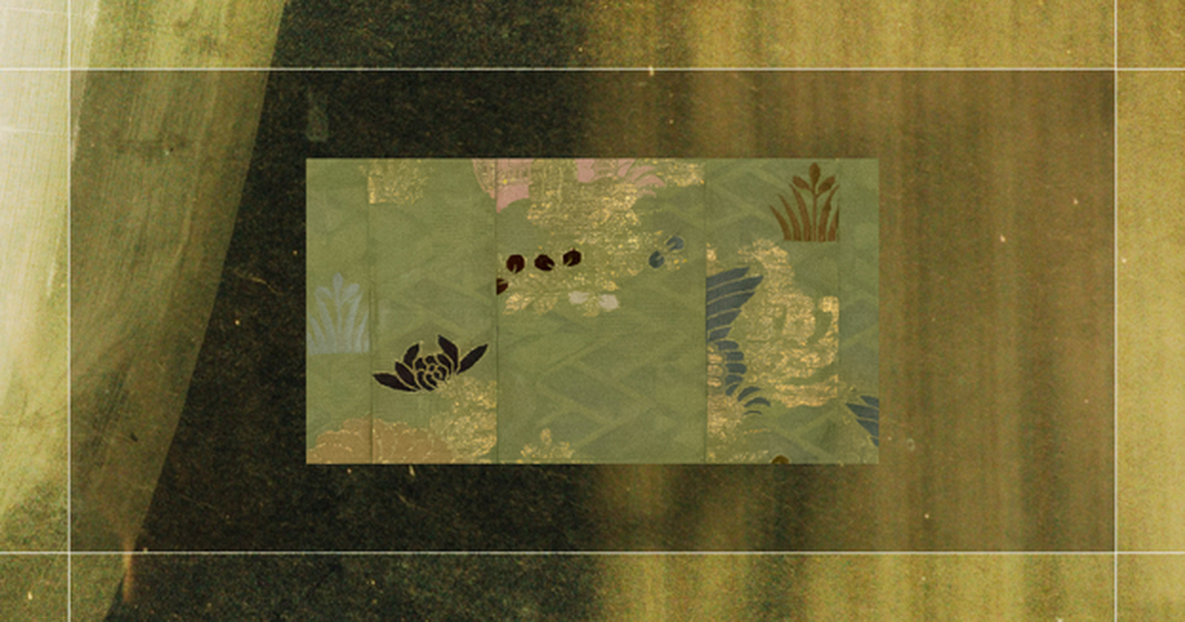 Abstract artwork with a green, textured rectangular pattern featuring floral and organic elements, bordered by a vintage gold and dark frame.