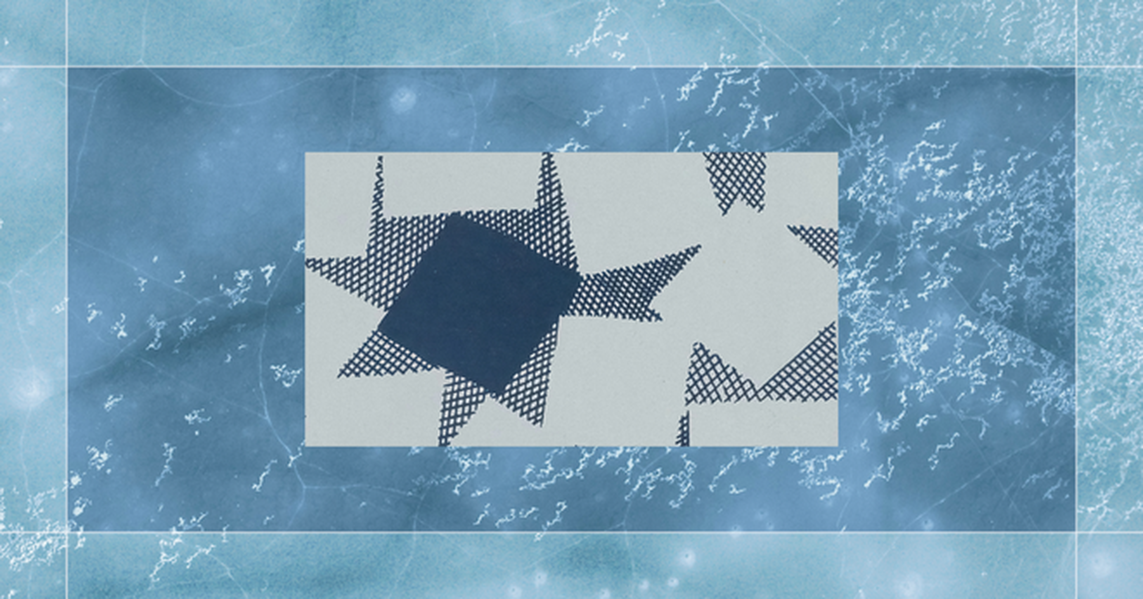 Abstract geometric design with overlapping navy blue and black patterned stars on a textured blue background.