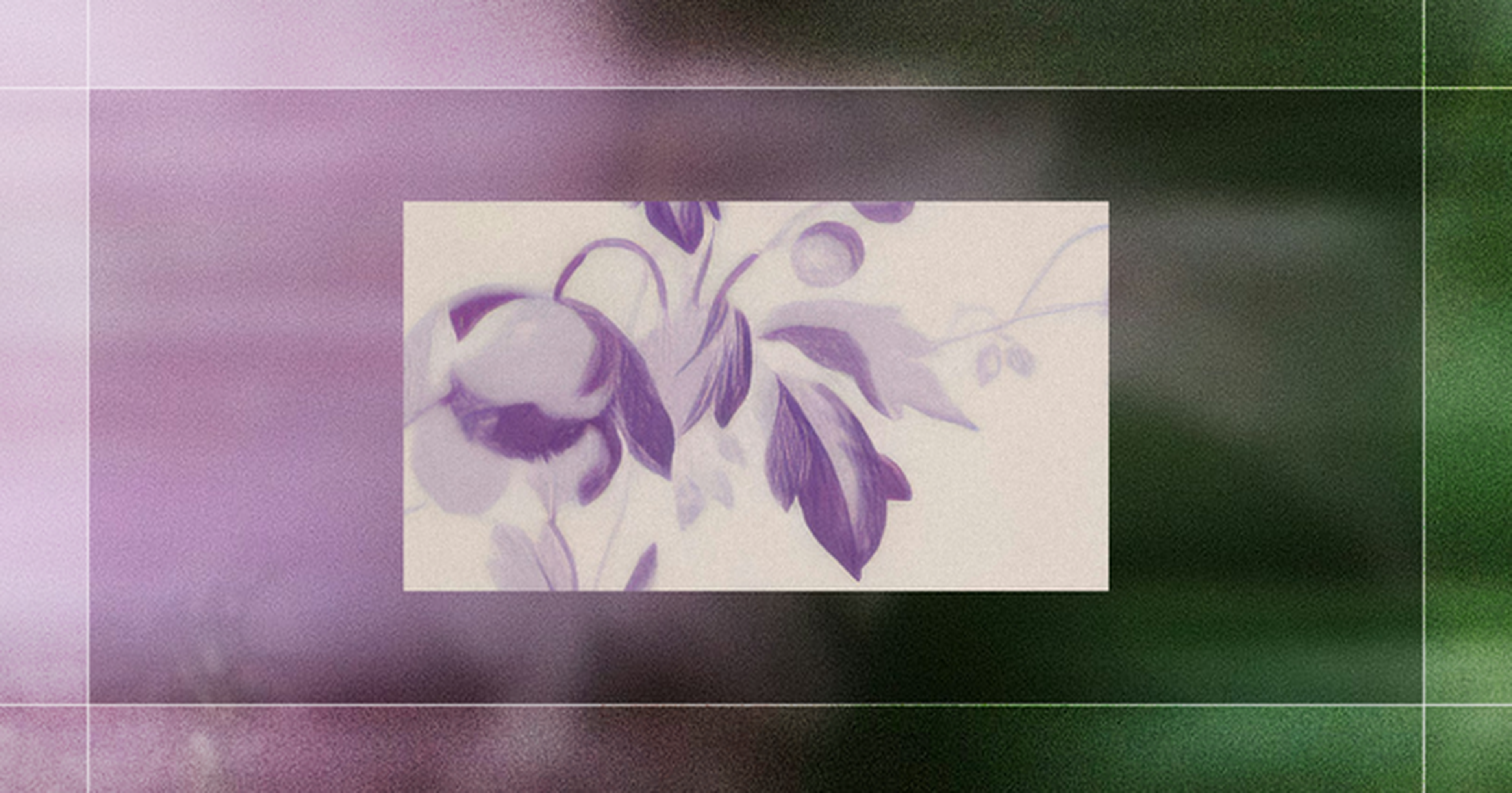 Purple-toned abstract floral design with leaves and spherical shapes on a rectangular canvas, set against a blurred pink and green gradient background.