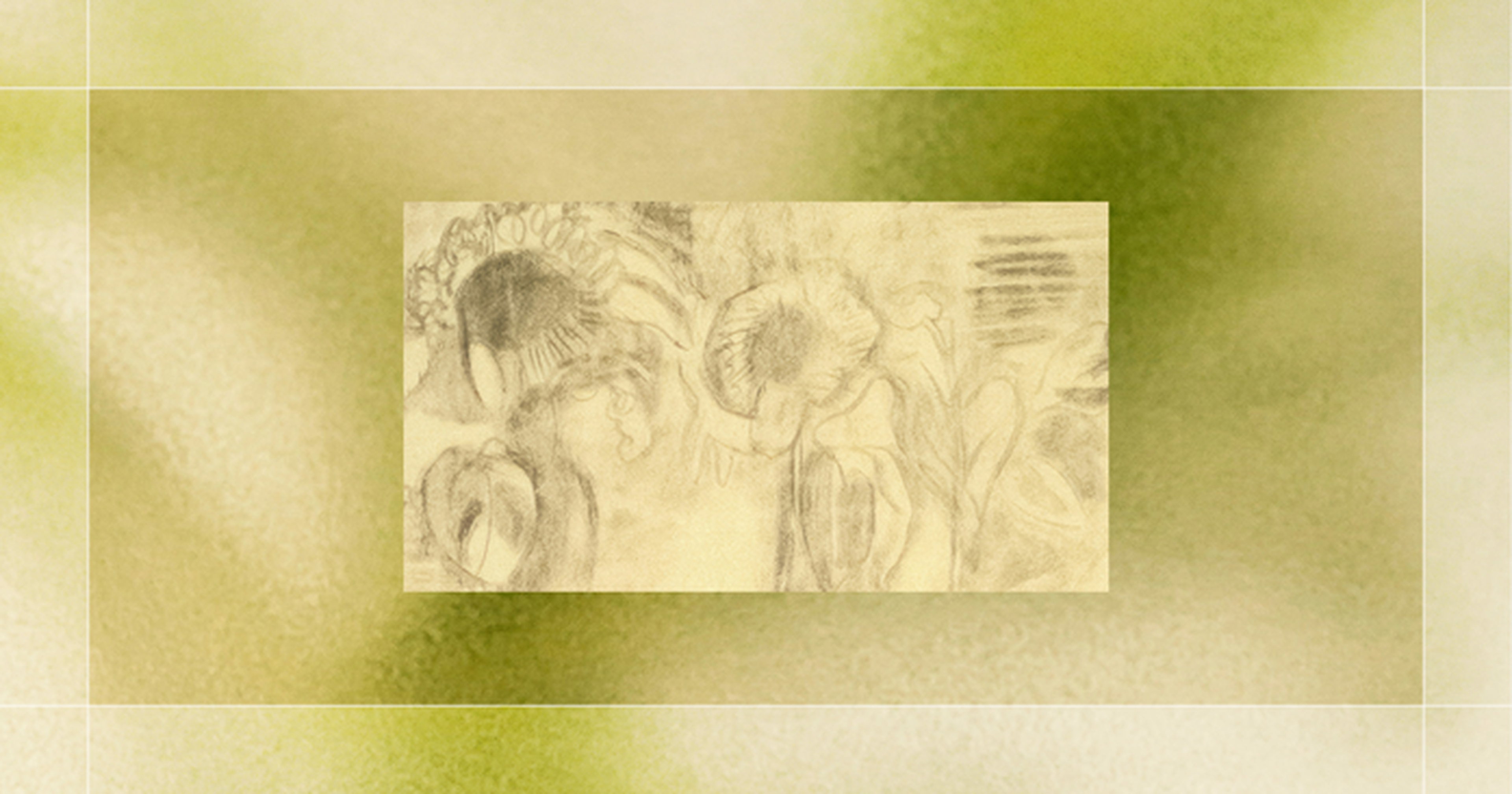 A pencil sketch of wilting sunflowers on a blurred green and beige textured background with a subtle grid overlay.