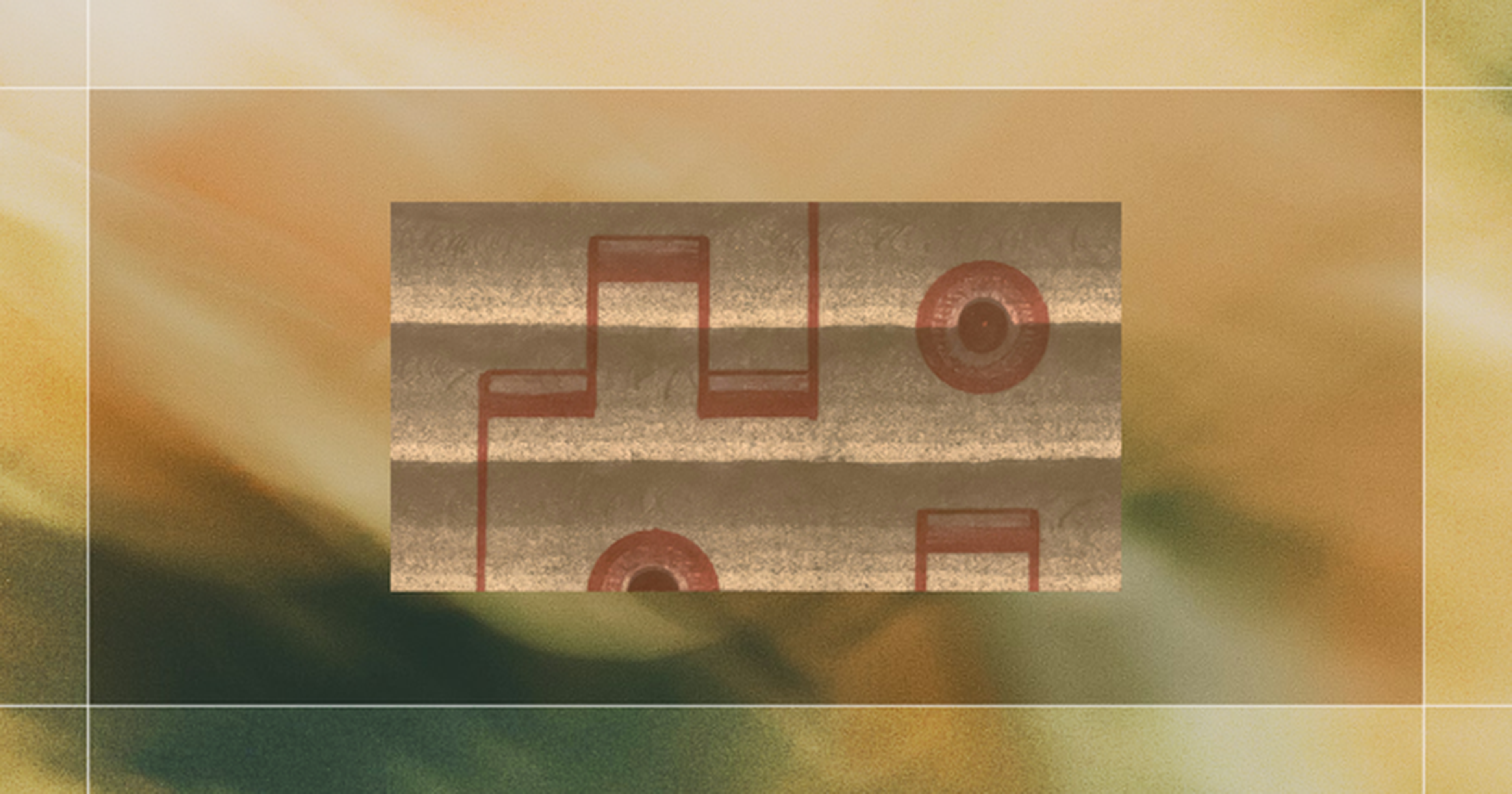 Textured background with geometric shapes, featuring red lines and circles on a mottled green and brown base with a soft, blurry gradient.