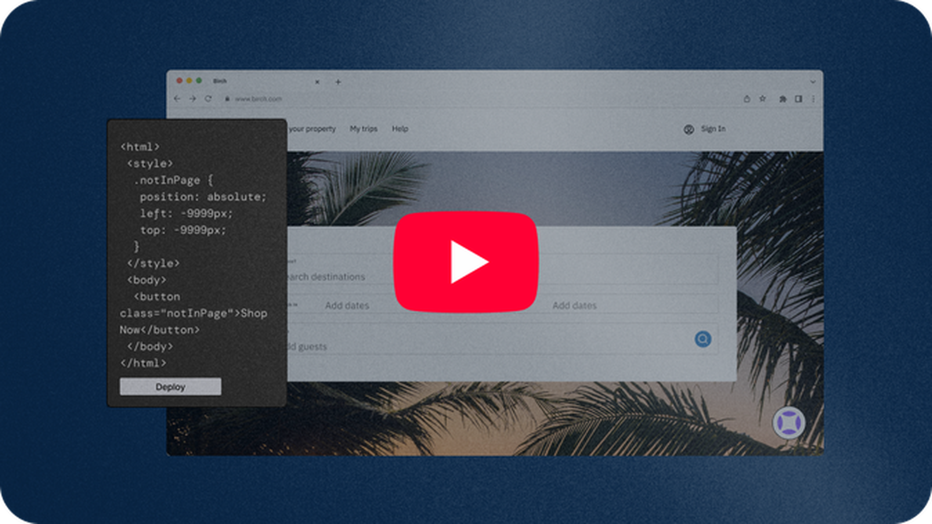 A webpage with a blurred background of palm trees and sunset, displaying HTML code and a large red play button overlayed at the center.