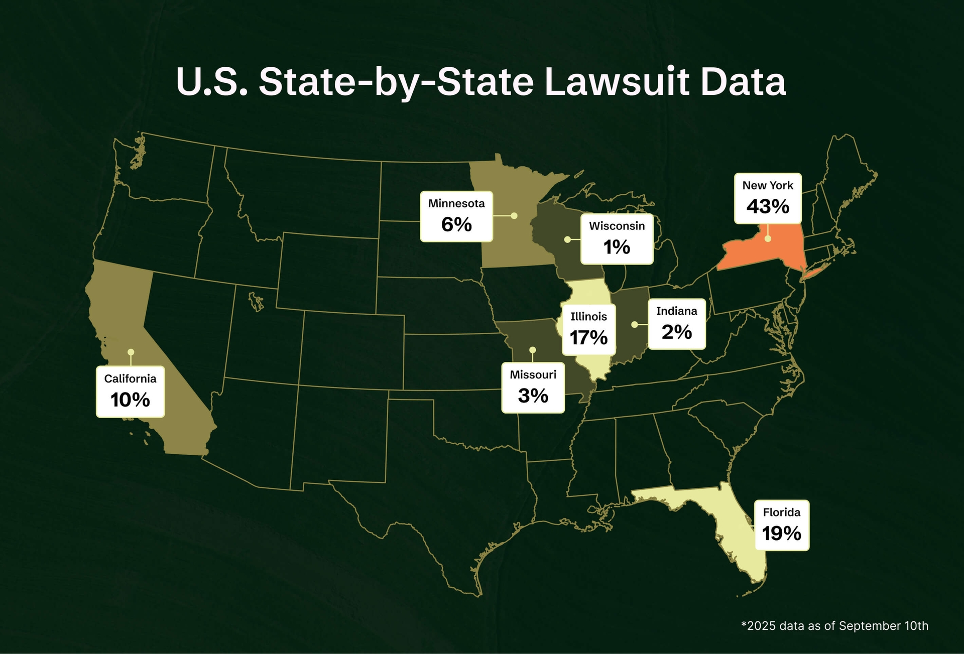 Map showing U.S. lawsuit data by state: New York 43%, Florida 19%, Illinois 17%, and other states with varying percentages.