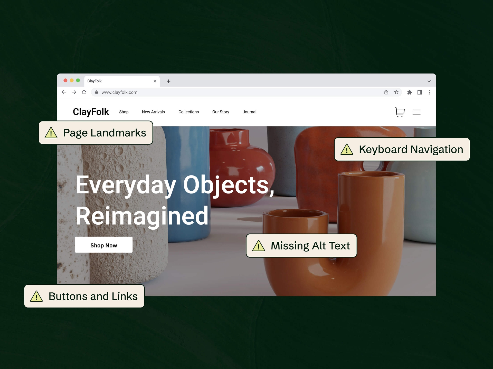 Webpage showing ceramic objects with labels: "Page Landmarks," "Buttons and Links," "Keyboard Navigation," "Missing Alt Text."