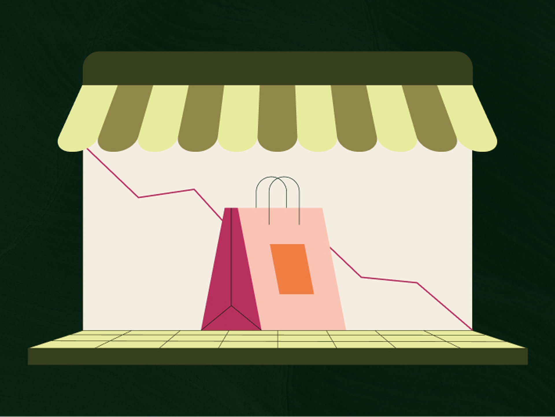 Illustration of a storefront with a pink shopping bag and a downward graph line, symbolizing a decline in retail sales.