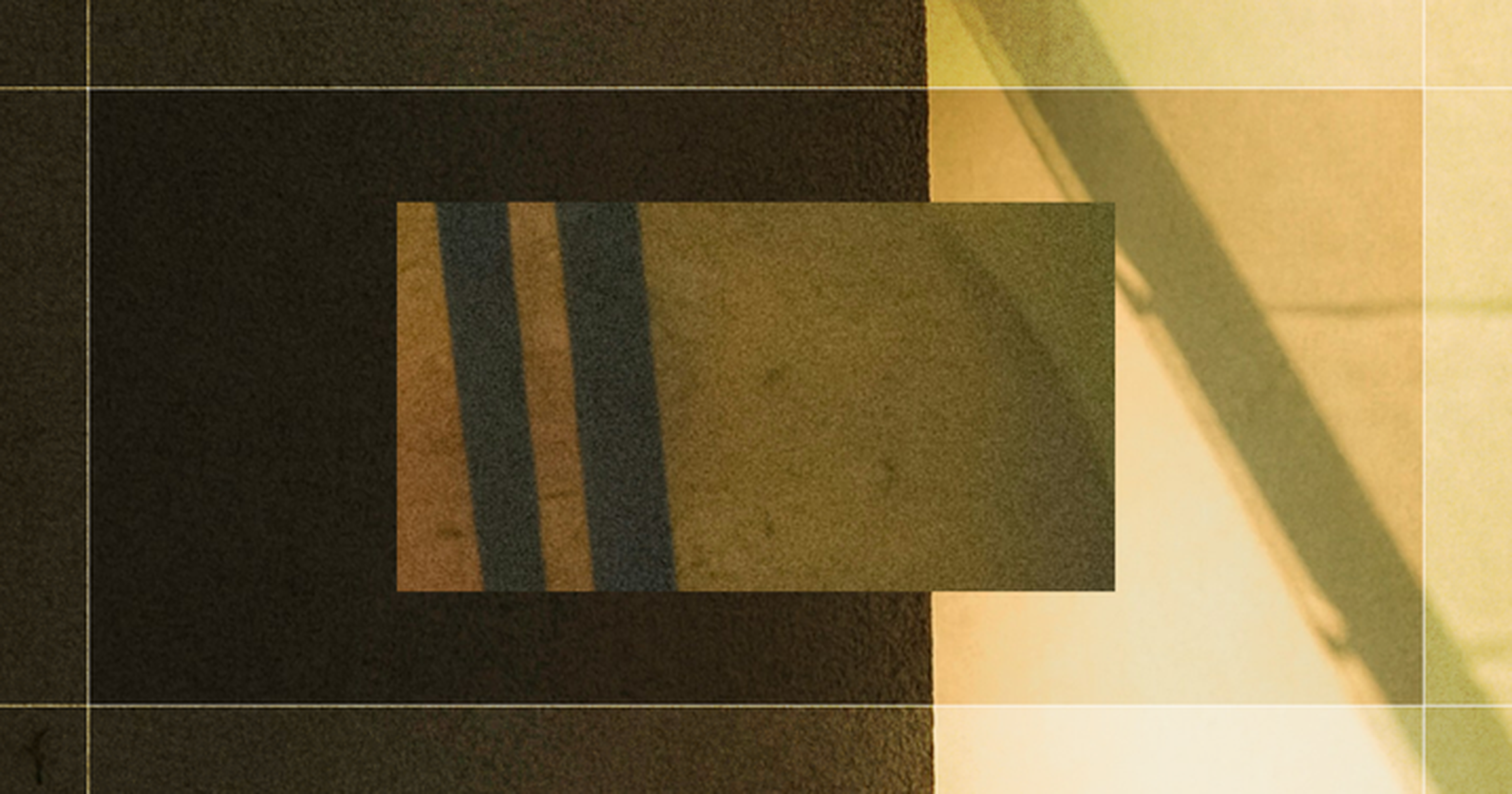 Abstract image with a dark vertical rectangle on the left, intersected by three vertical stripes, framed by warm yellow and green hues on the right.