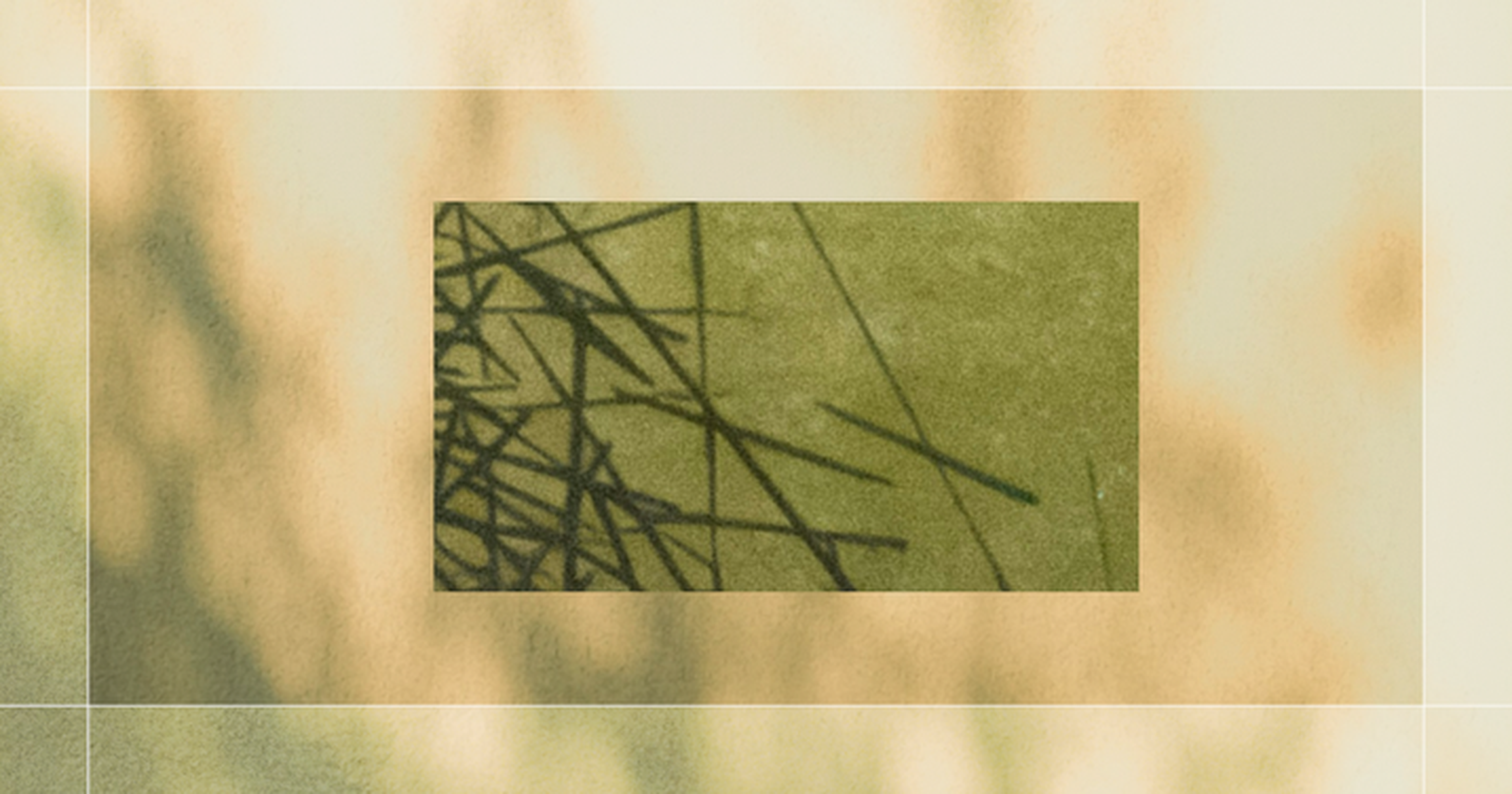 Abstract image with overlapping lines creating a geometric pattern on a green background, framed by soft beige and brown hues.