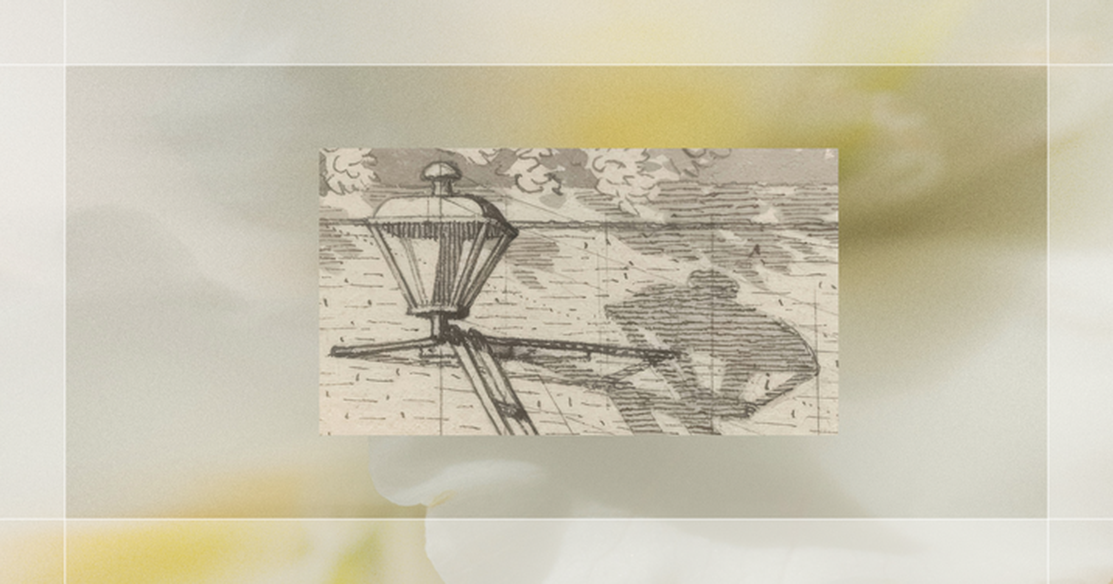 A pencil drawing of a vintage lantern on a brick wall, with a shadow of trees and clouds in the background.