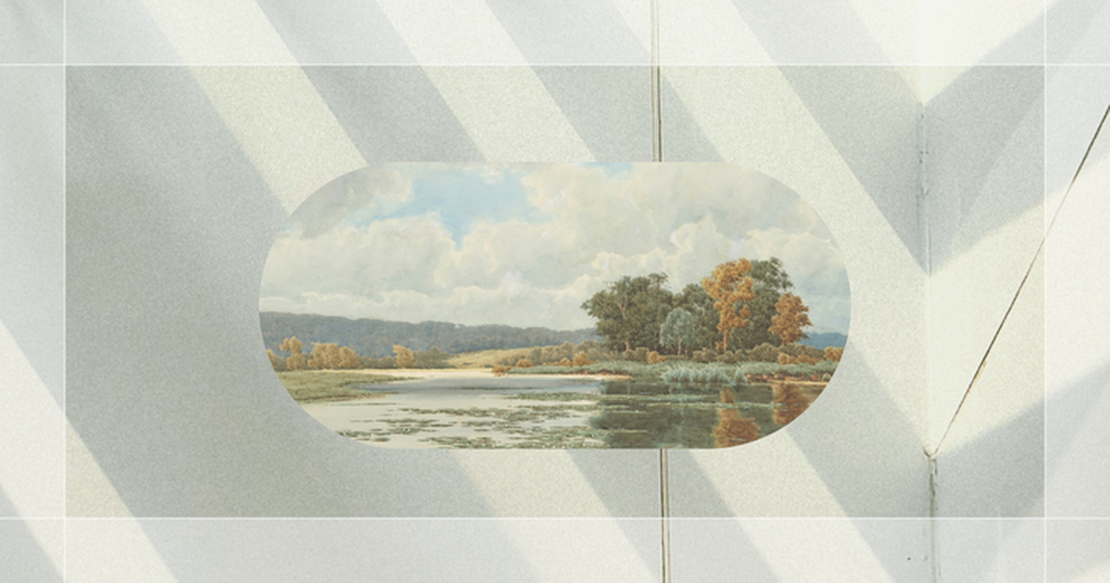 Landscape painting with trees, a river, and hills, framed by a modern gray architectural structure casting shadows.