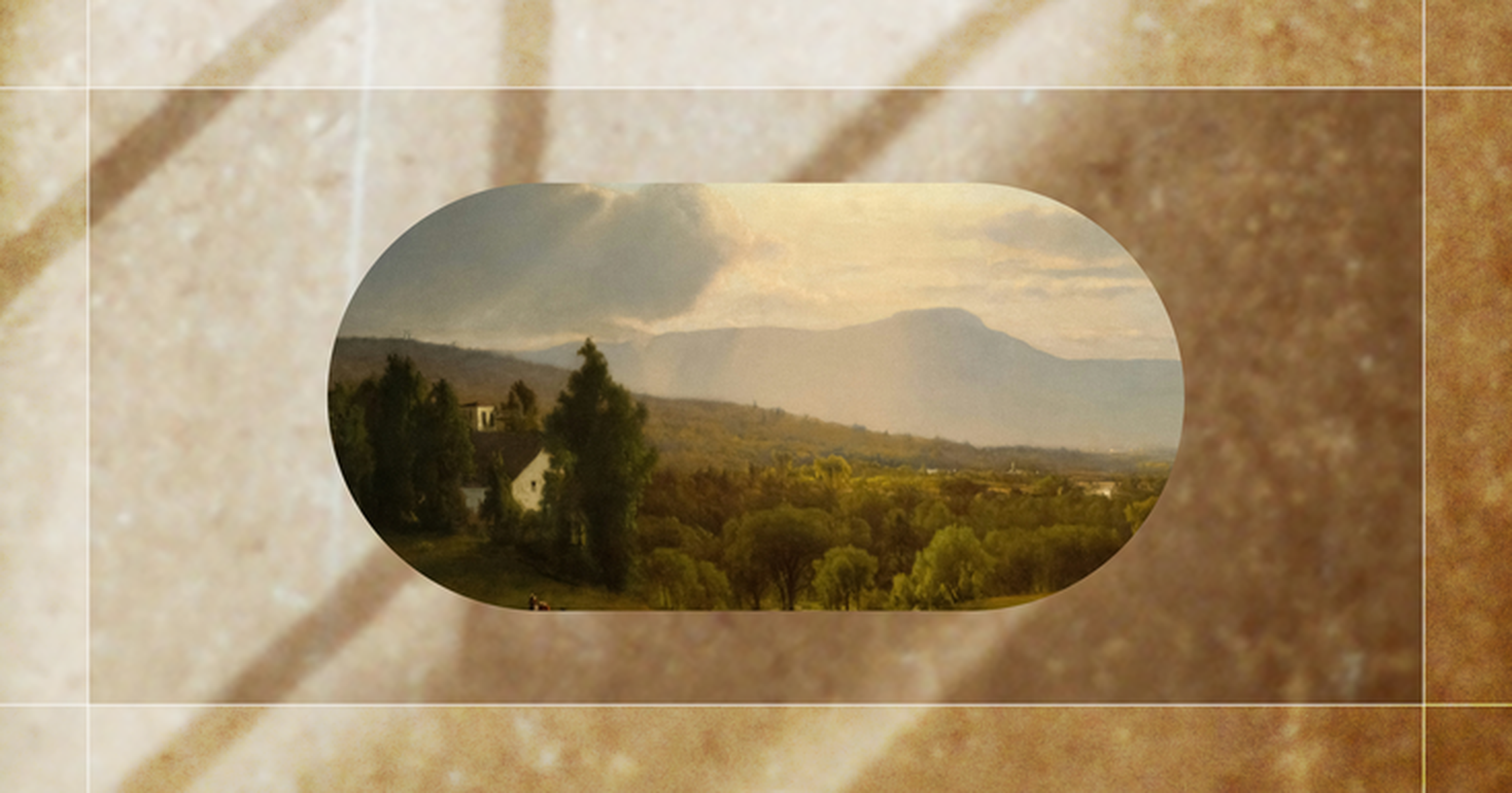 A scenic landscape painting with mountains, trees, and a small house, set within an oval frame against a warm, textured background.