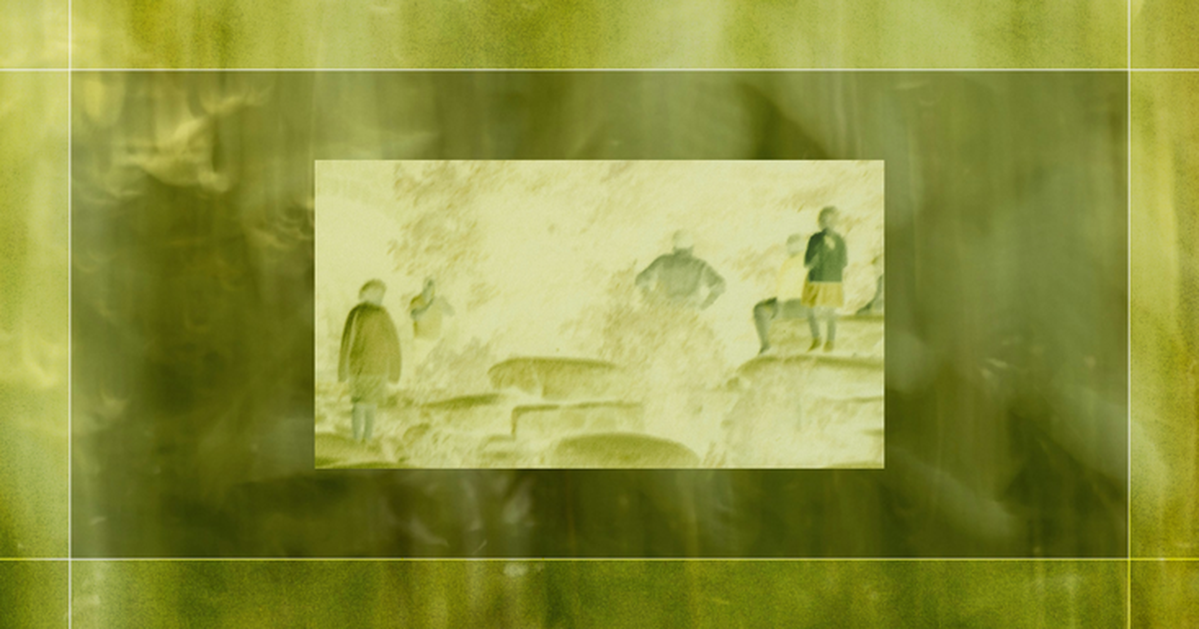 Abstract image with green and yellow tones, featuring silhouettes of people standing on uneven terrain, surrounded by a hazy background.