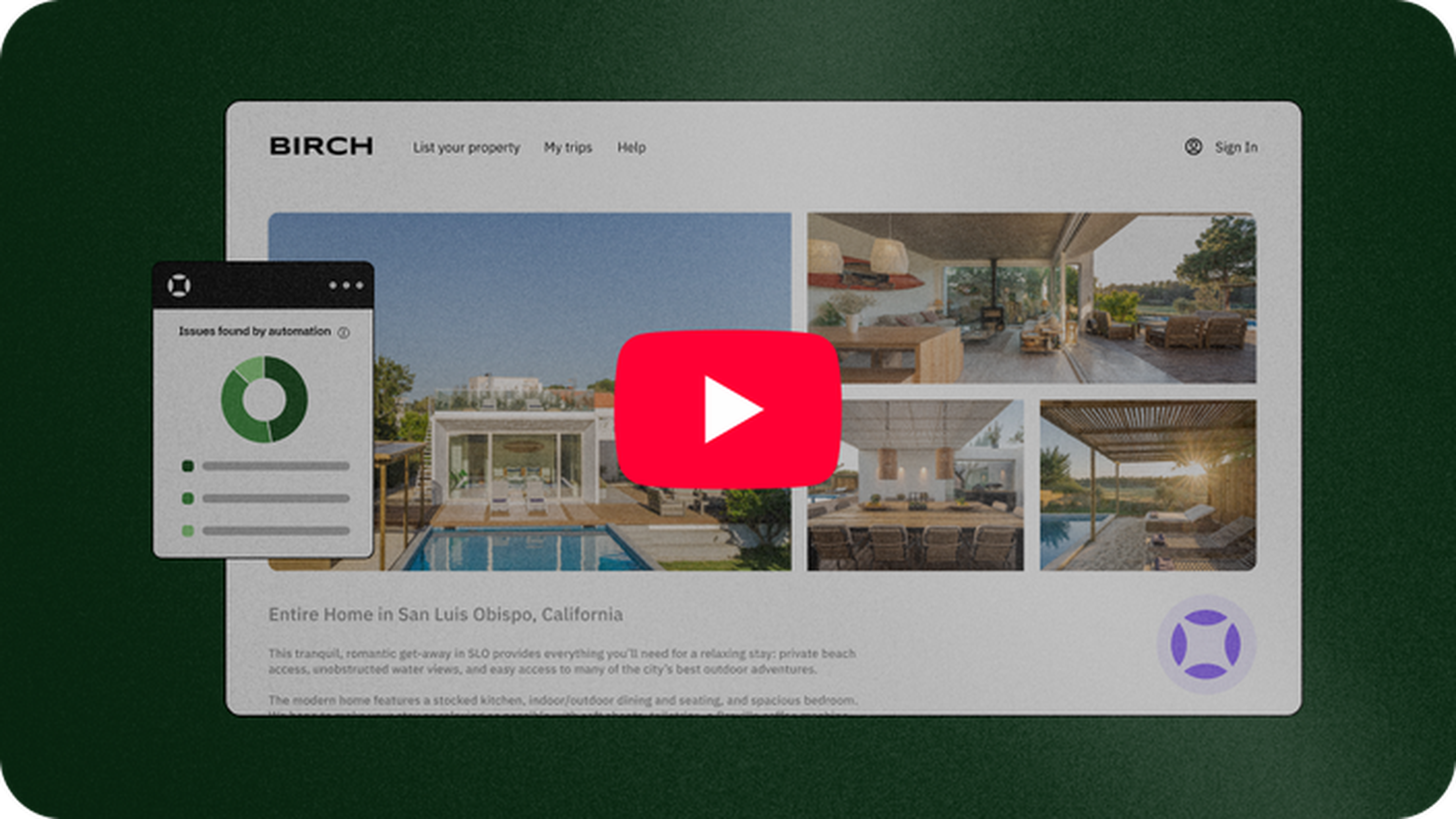 Webpage showcasing a San Luis Obispo home with a video play button overlay and an automation issues report icon on the side.