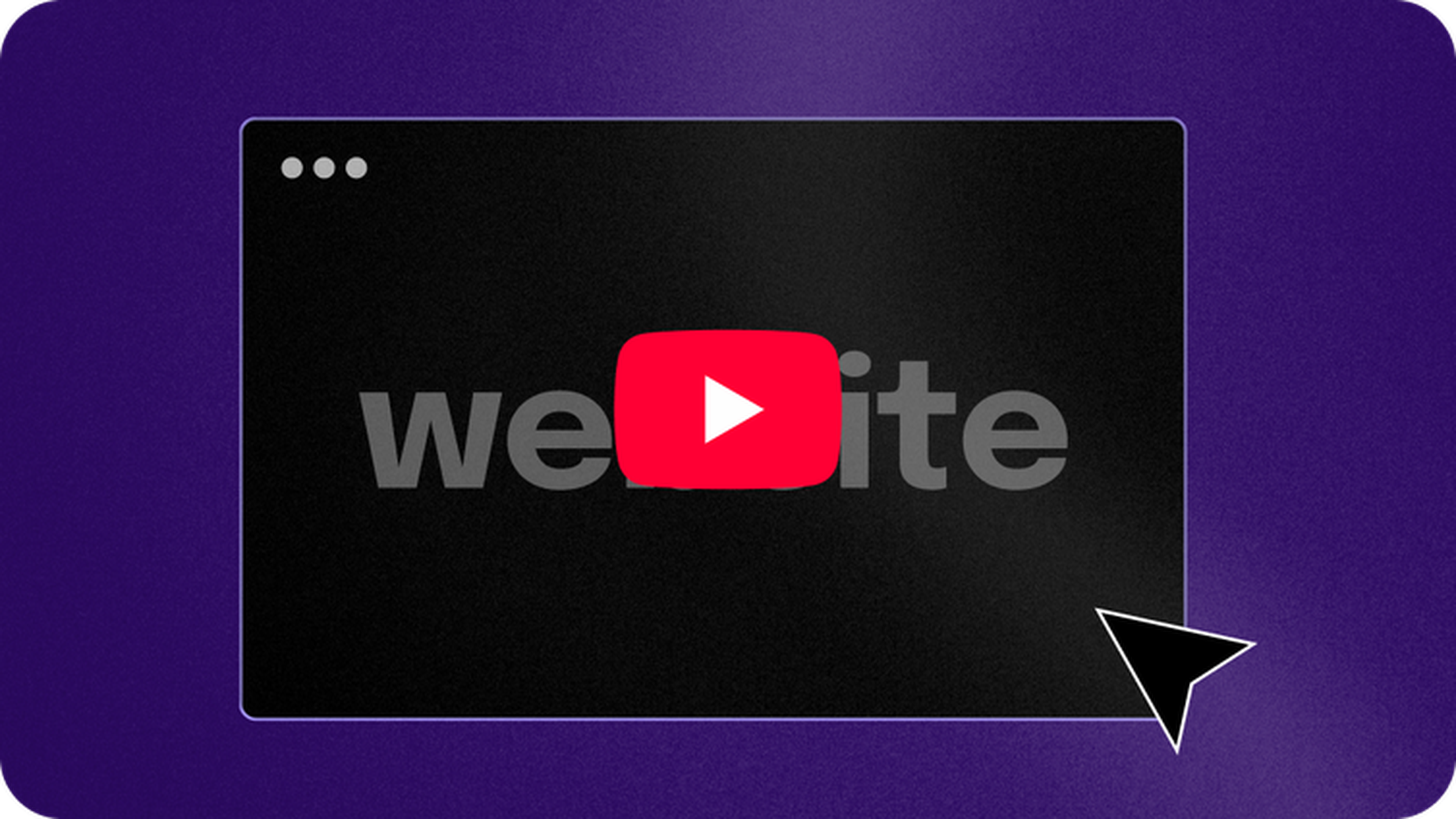 A dark web browser window with "website" text, a red YouTube play button, and a black cursor on a purple background.