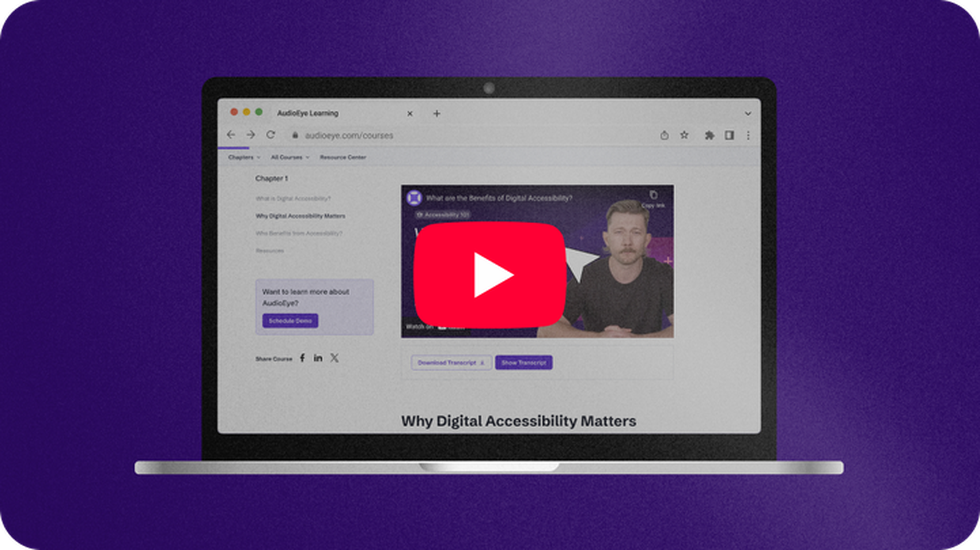 A laptop screen displaying an online course on digital accessibility, with a video player overlay featuring a play button.