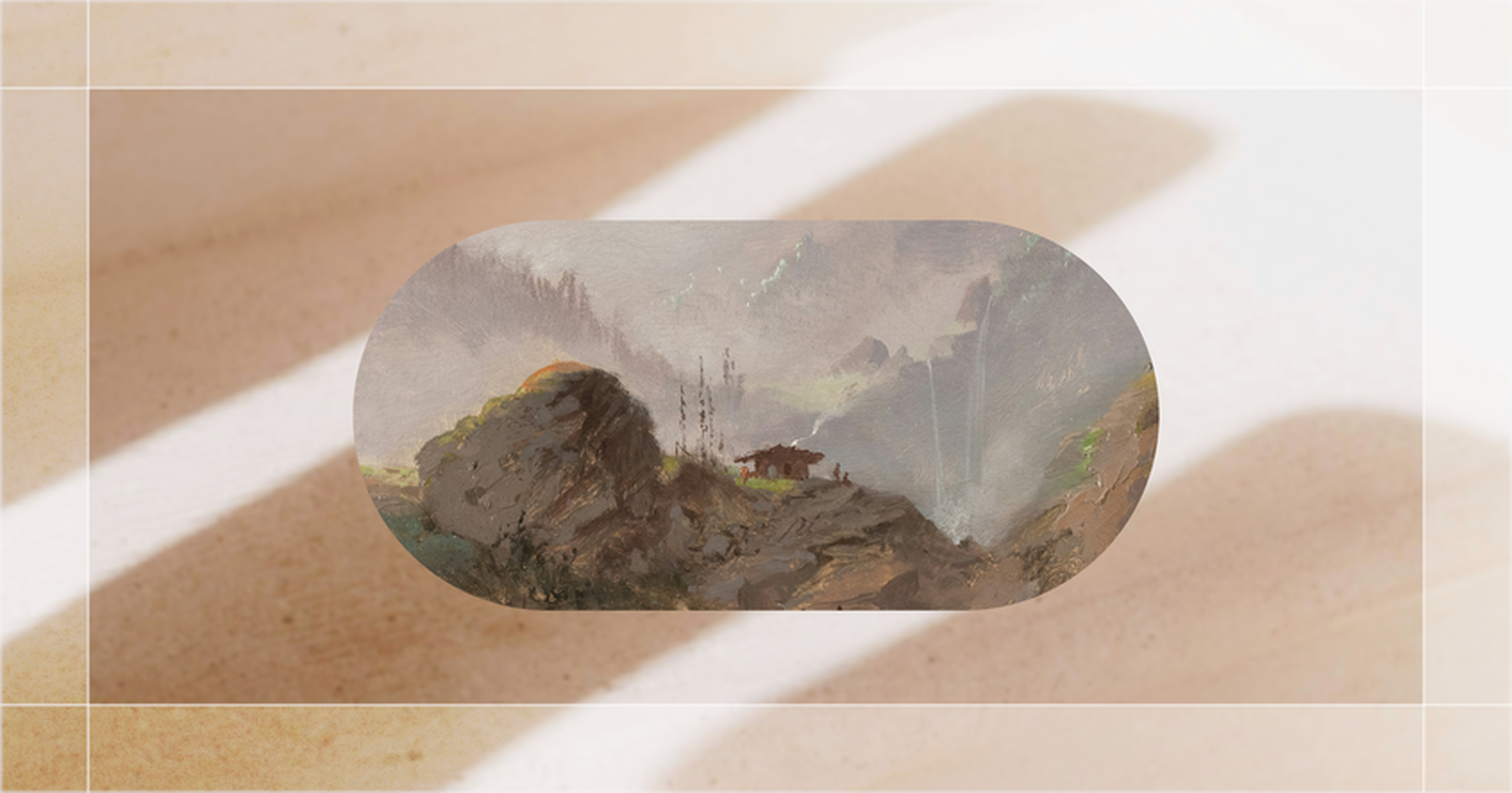 A scenic painting of a mountainous landscape with a cabin nestled among rocks, under a misty sky with subtle sunlight streaming through.