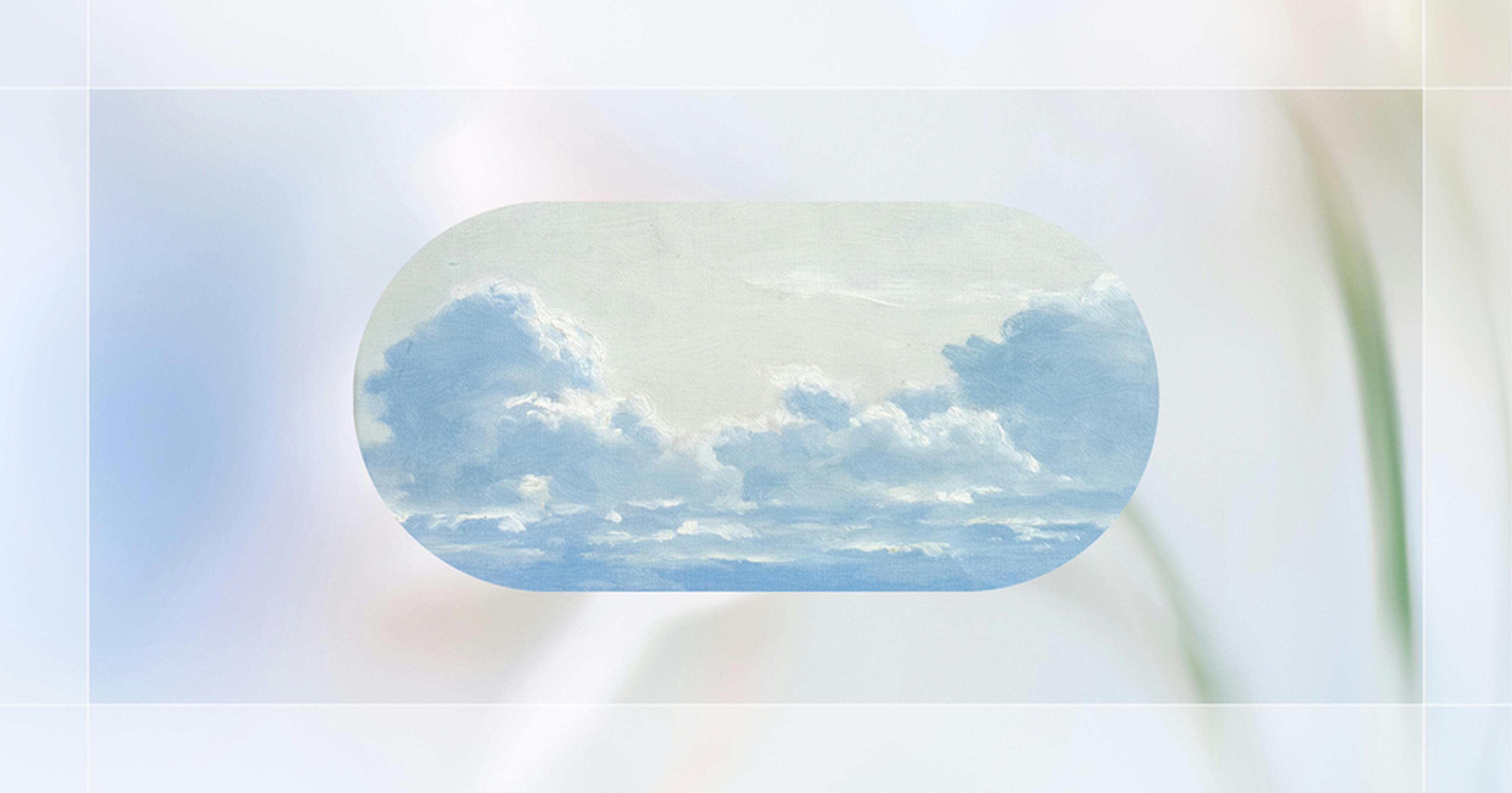 An oval painting depicts fluffy white clouds against a soft blue sky, framed by a blurred background with subtle pastel tones.