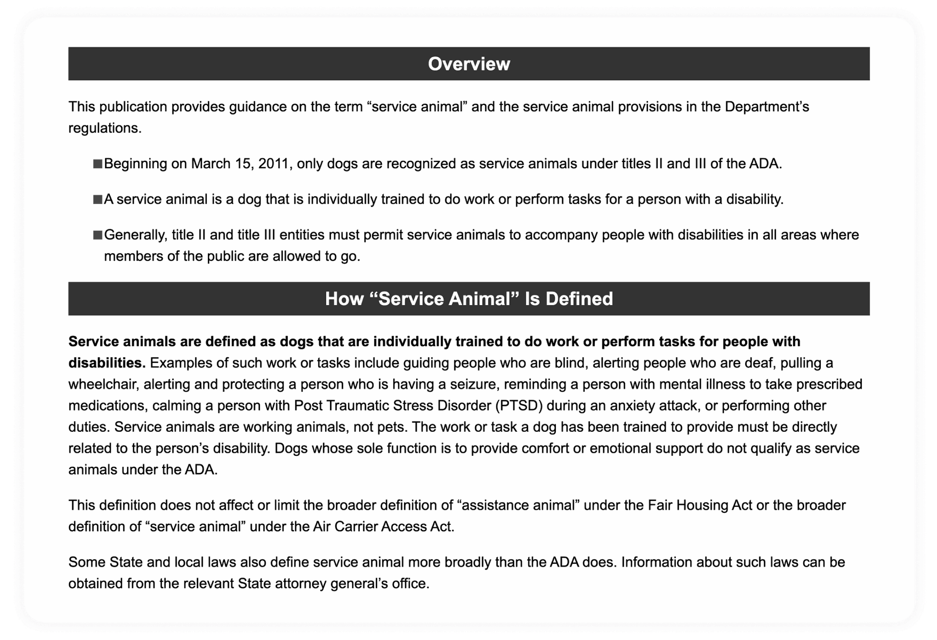 Image of original ADA site overview for service animals