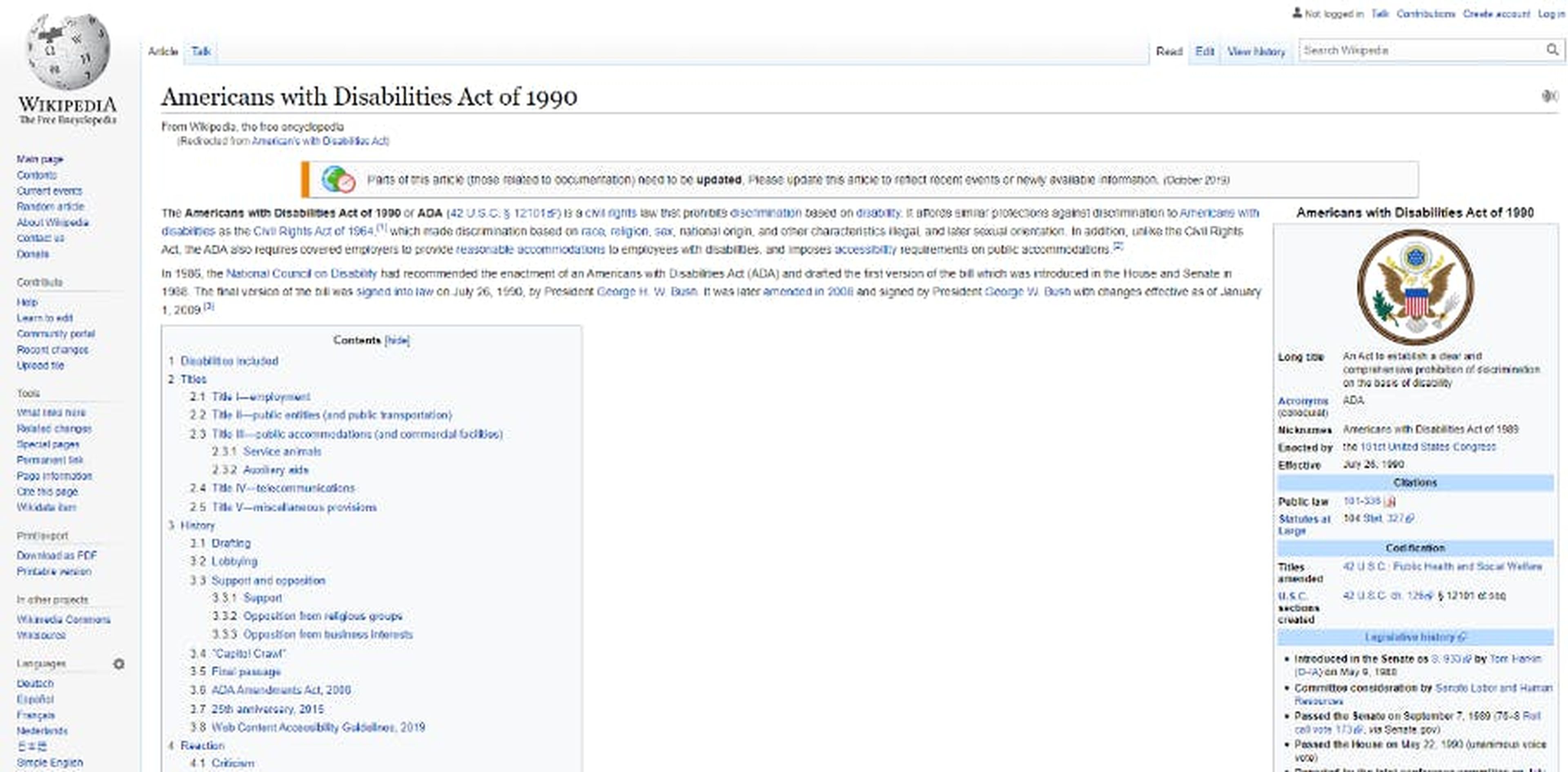 Wikipedia – Screenshot der Seite Americans with Disabilities Act of 1990