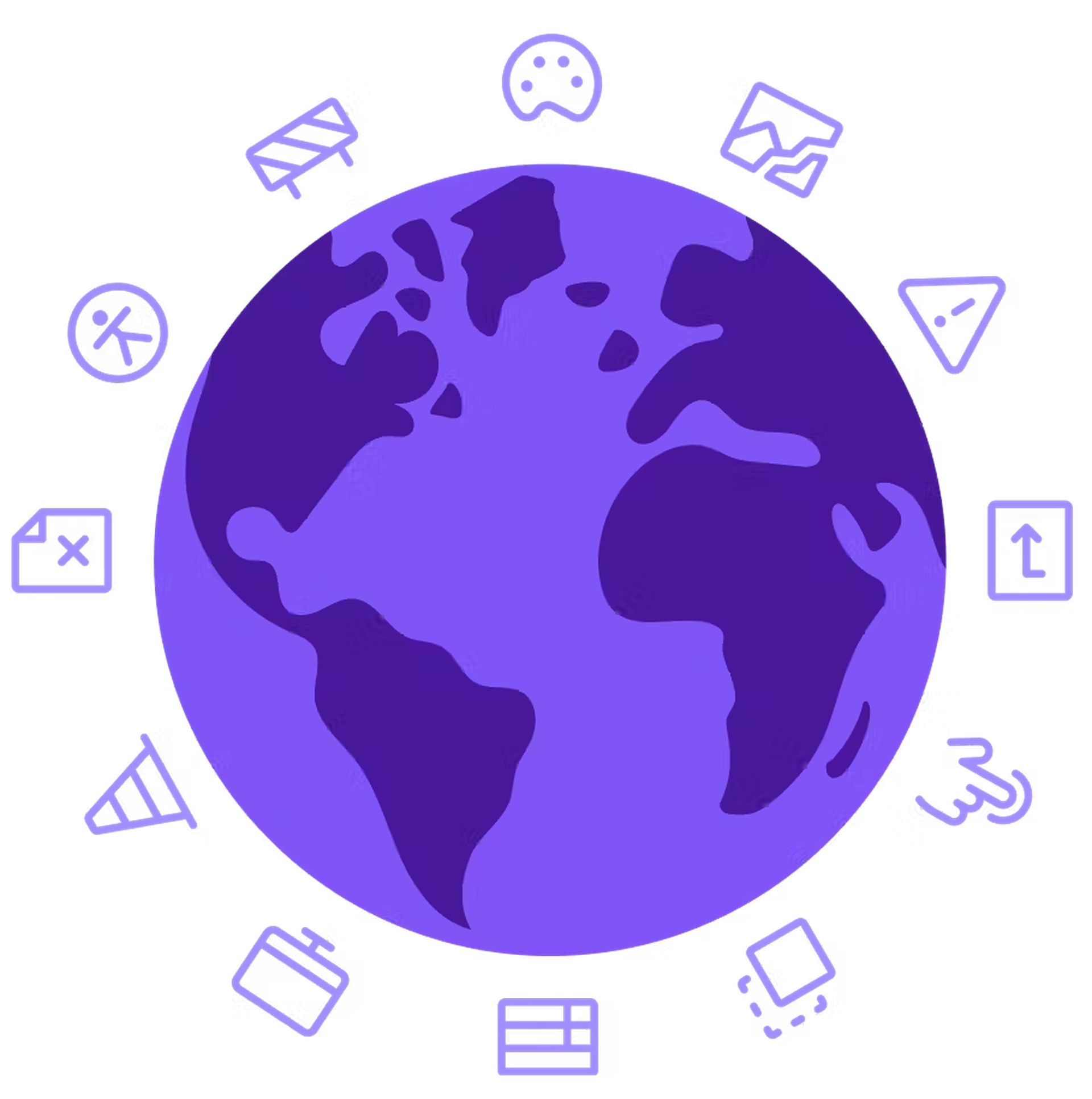 A stylized globe orbited by icons that represent different accessibility barriers.