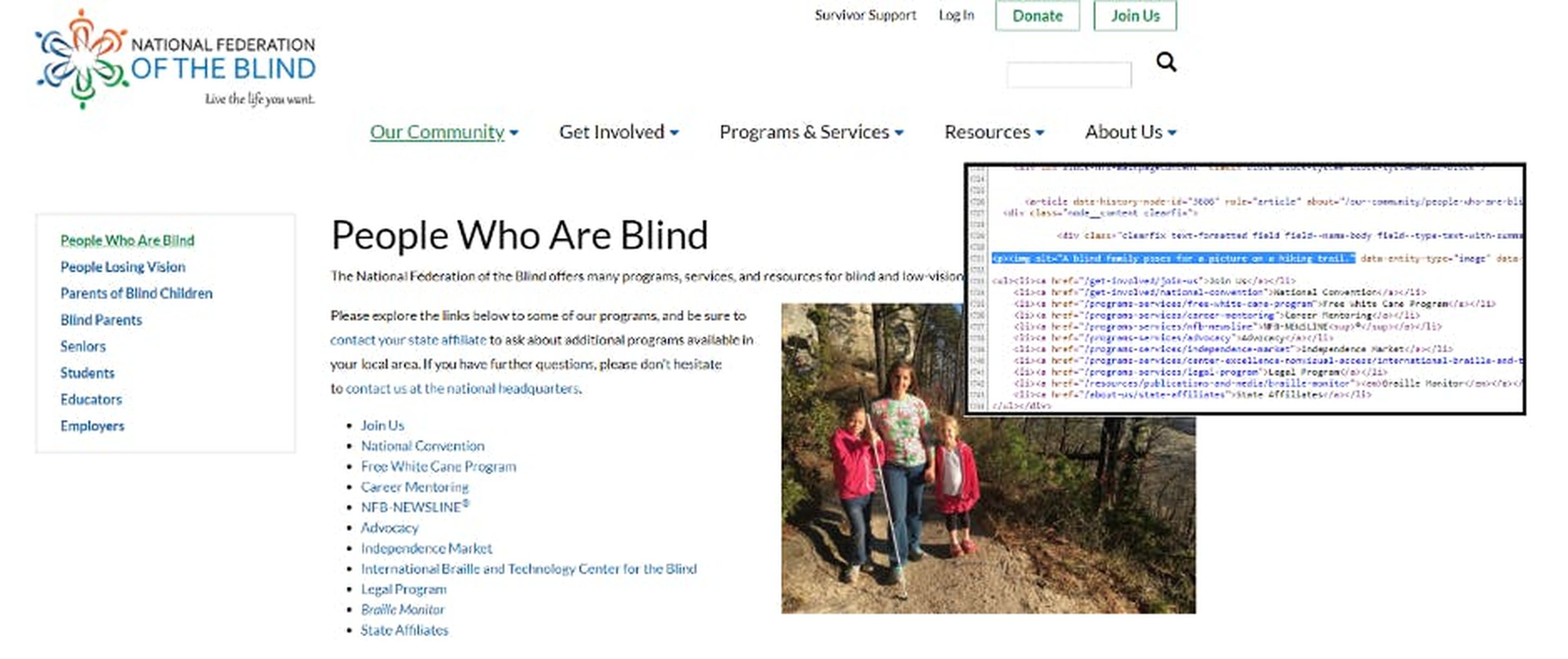 National Federation of the Blind Startseite Screenshot mit Code