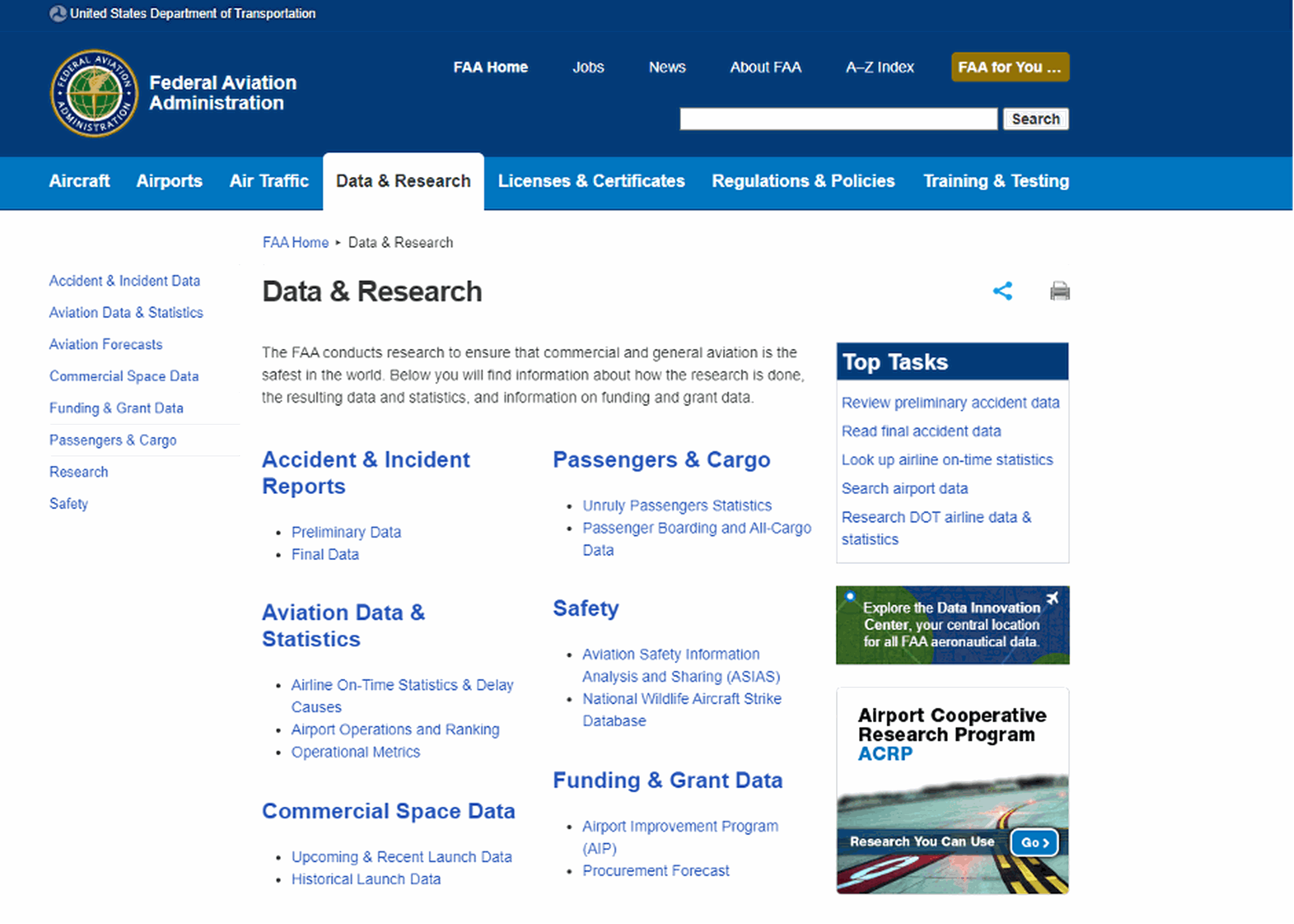 Federal Aviation Administration Startseite Screenshot